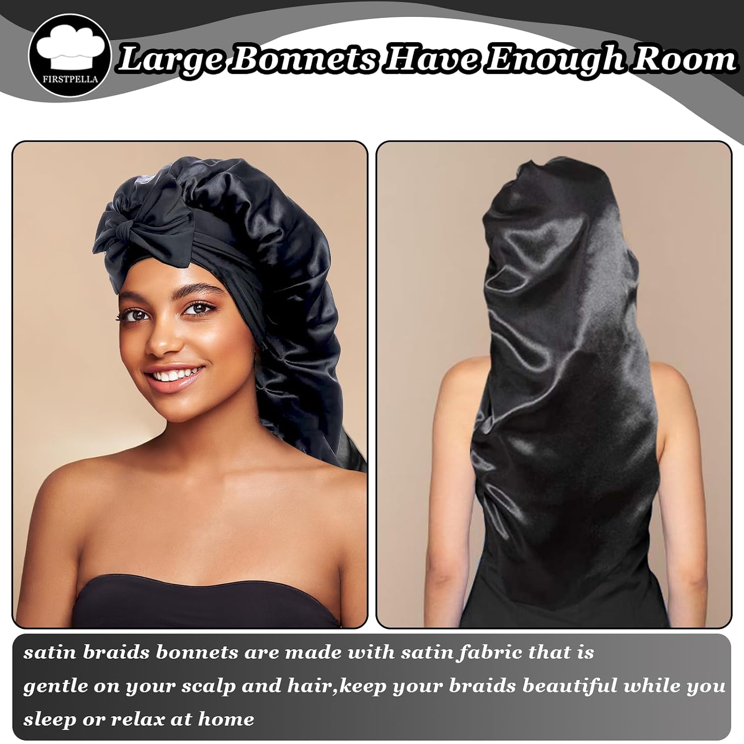 Silk Satin Hair Bonnet for Sleeping - Bonnets for Braids Black Women Curly Hair,Silk Hair Wrap Tie Band Long Big Silky Sleeping Cap with 2 Pcs Satin Scrunchies