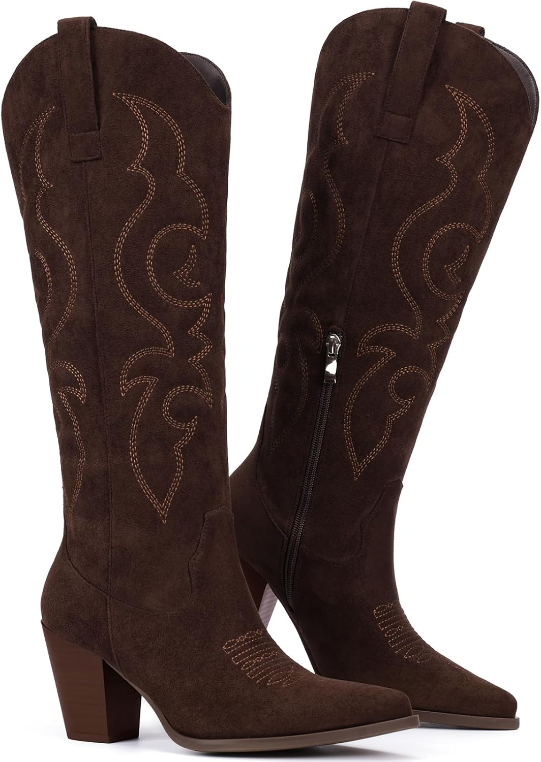 Pasuot Suede Cowboy Boots for Women - Western Knee High Cowgirl Boots with Side Zipper, Retro Pointed Toe Tall Block Heel Pull On Long Boot for Ladies Fall Winter Rodeos Concert Festival Daily - Image 5