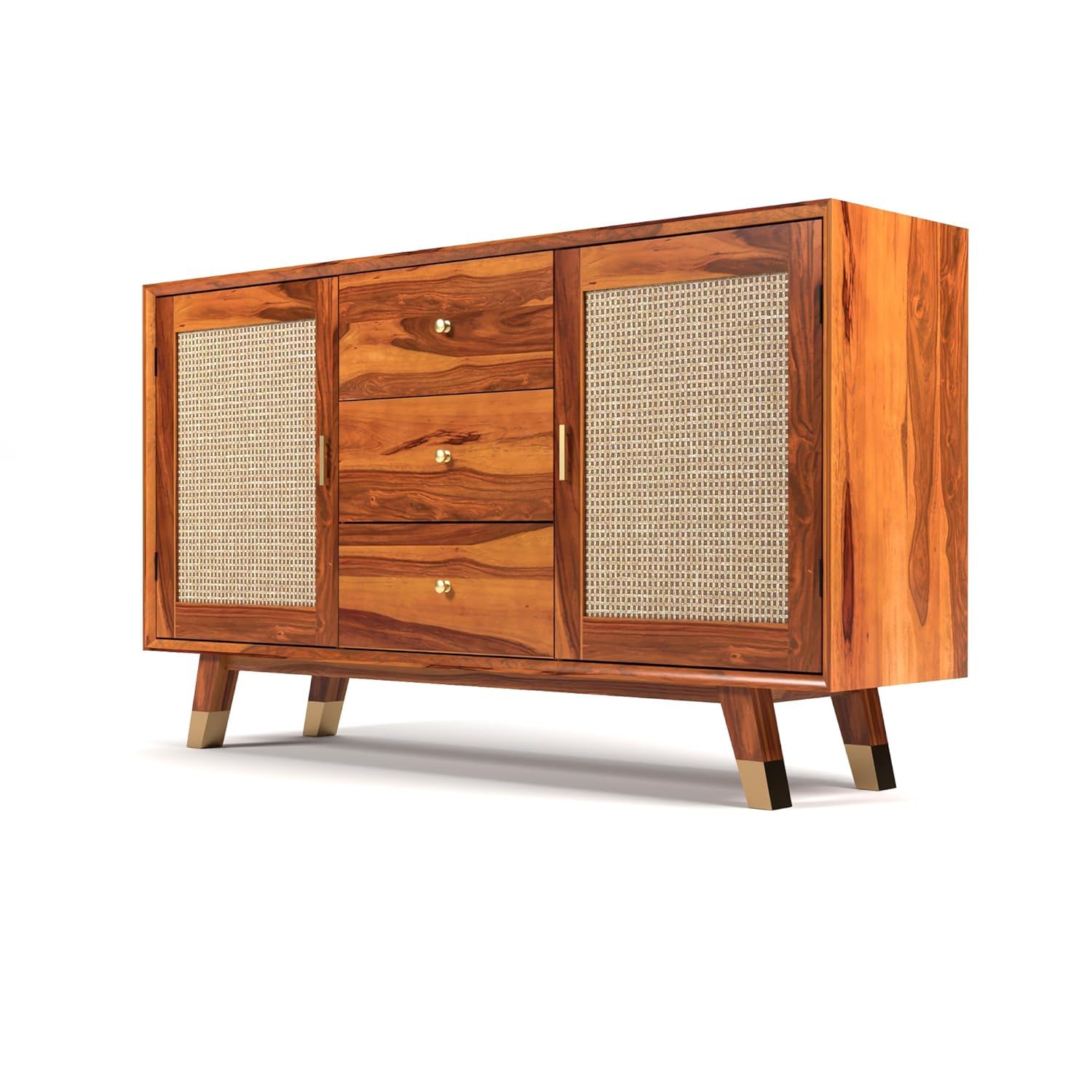 Solid Sheesham Wood Wooden Cabinet Sideboard with 3 Drawers and 2-Door Storage (Joyce, Honey Finish)-picture-14