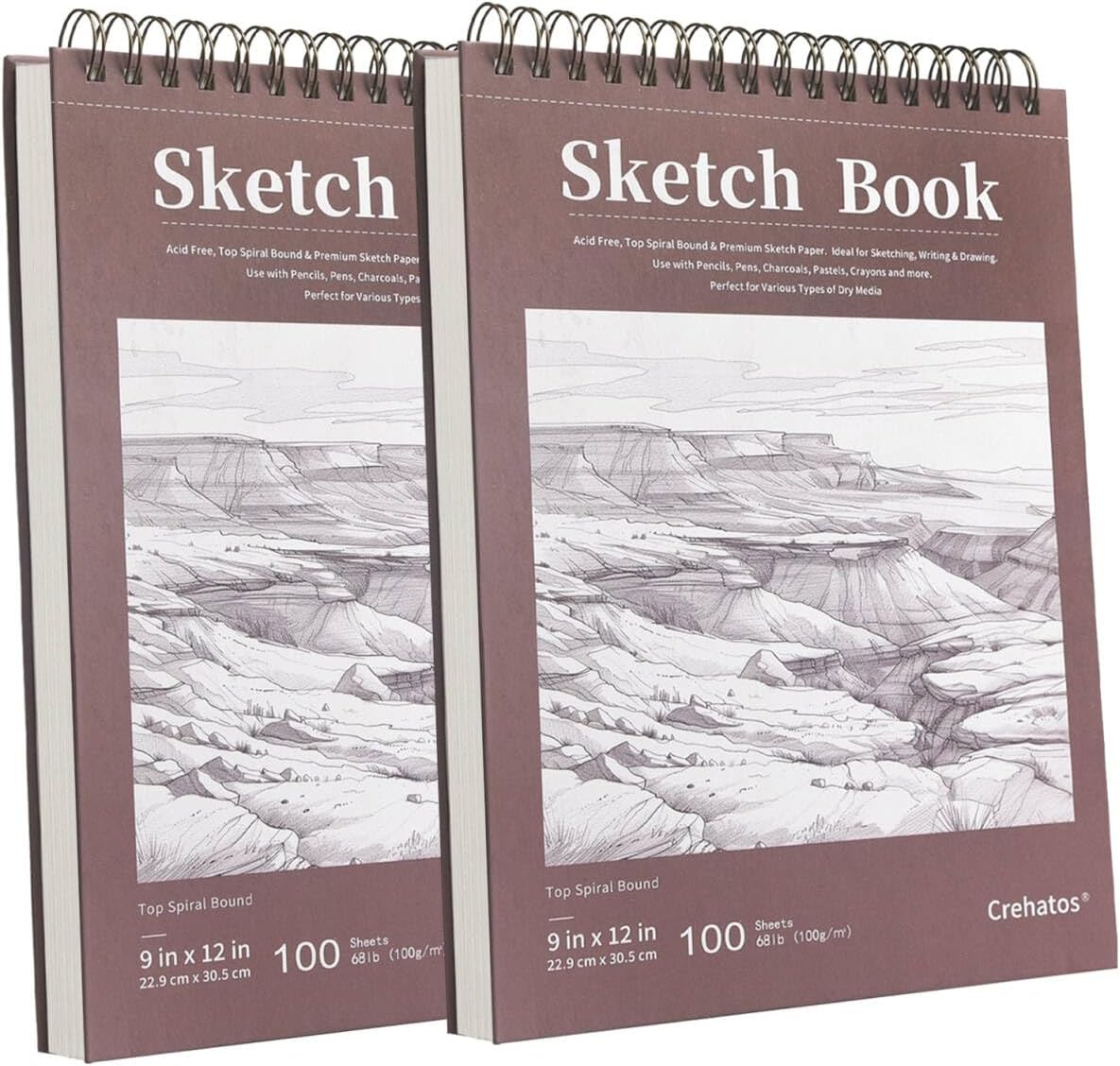 Crehatos 9" x 12" Sketch Book, Top Spiral Bound Sketch Pad, 100 Sheets 68lb/100gsm Drawing Paper, 1 Pack