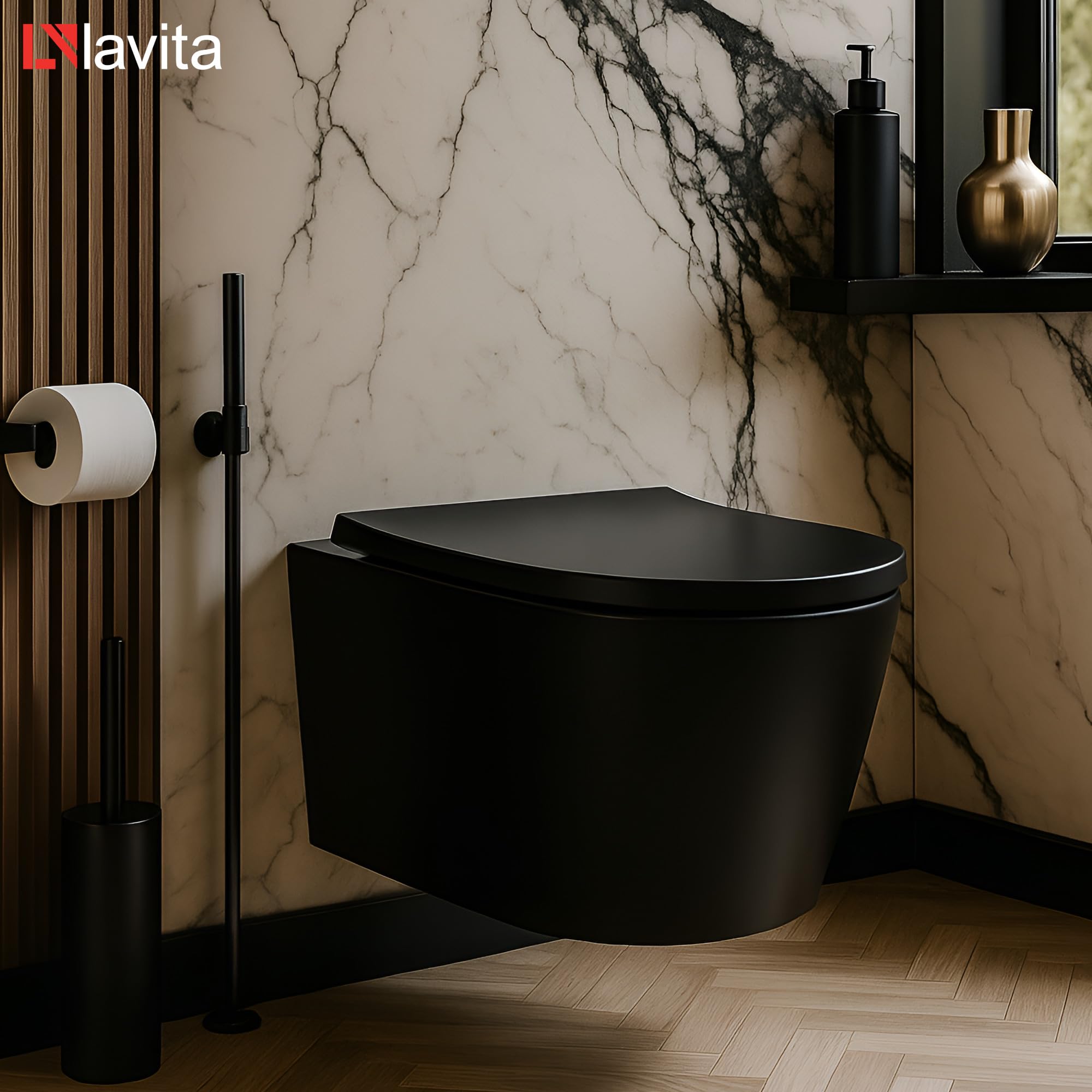 LAVITA Versoni Tornado 2.0 - Inodoro de pared con descenso automático y bisagras de metal, sin bordes, sistema de descarga suspendido, color negro