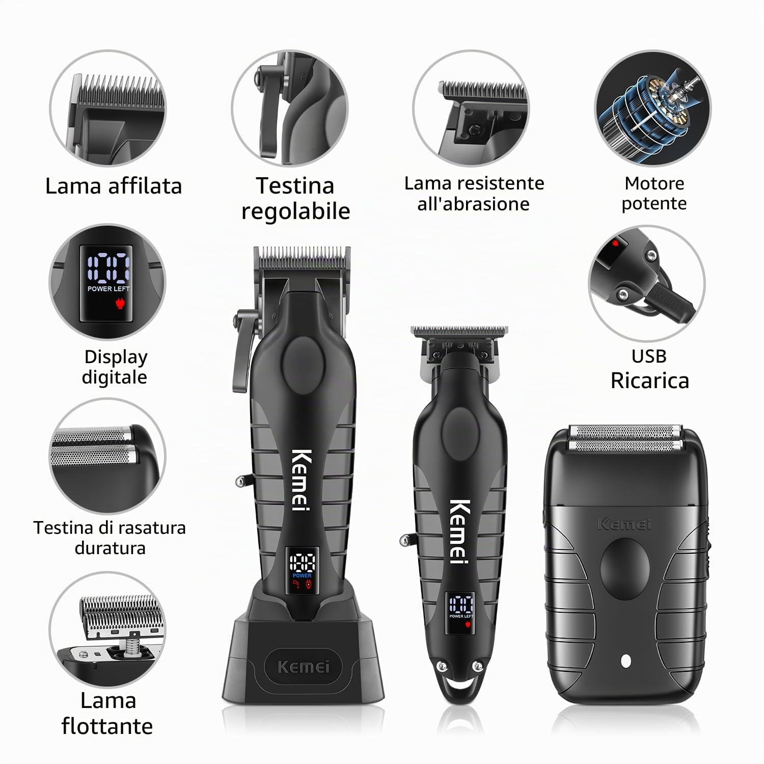 KEMEI Tagliacapelli professionale da uomo, senza fili, elettrico, lame a T, kit da rasoio, ricaricabile tramite USB, con 9 pettini di guida