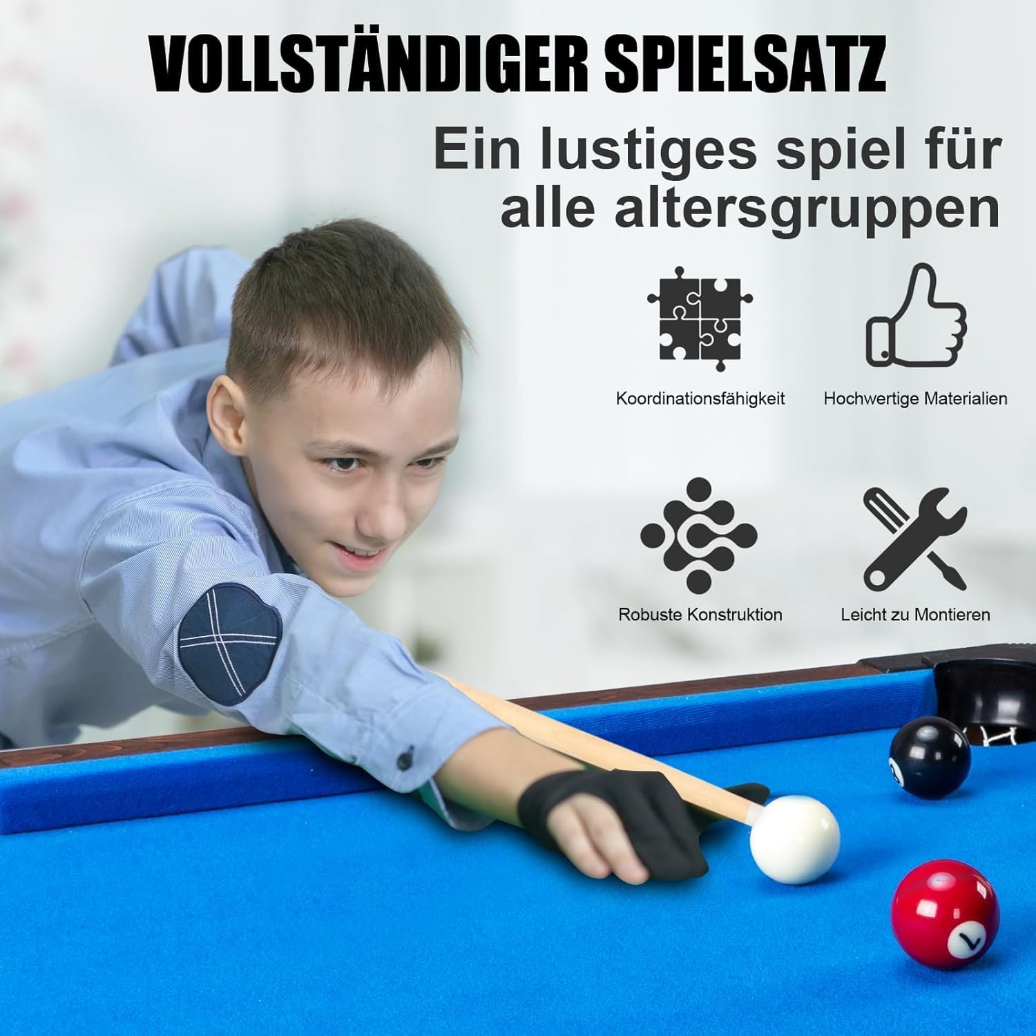 Bonnlo Billardtisch mit Zubehör (2 Queues, 1x Satz Billardkugeln, 1 Kreiden & Dreieck & Bürste), Tischbillard klappbar für Kinder & Erwachsene, 122x61x76 cm, Blau