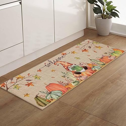 Miniatura 27 de Alfombras y tapetes de cocina Hello Fall, 2 unidades, color azul, naranja, calabaza, hoja de arce, pájaros, alfombras antideslizantes con pasillo
