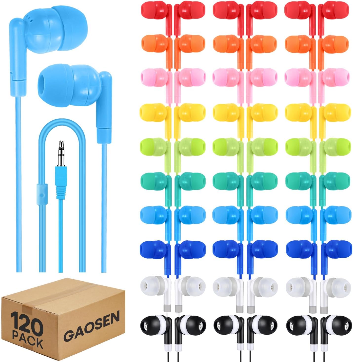 120 Pack Bulk Earbud Headphones for Classroom School Student K-12, Wholesale Disposable Wired Earphones for Kids Children Boys Girls Toddler(120 Mixed)