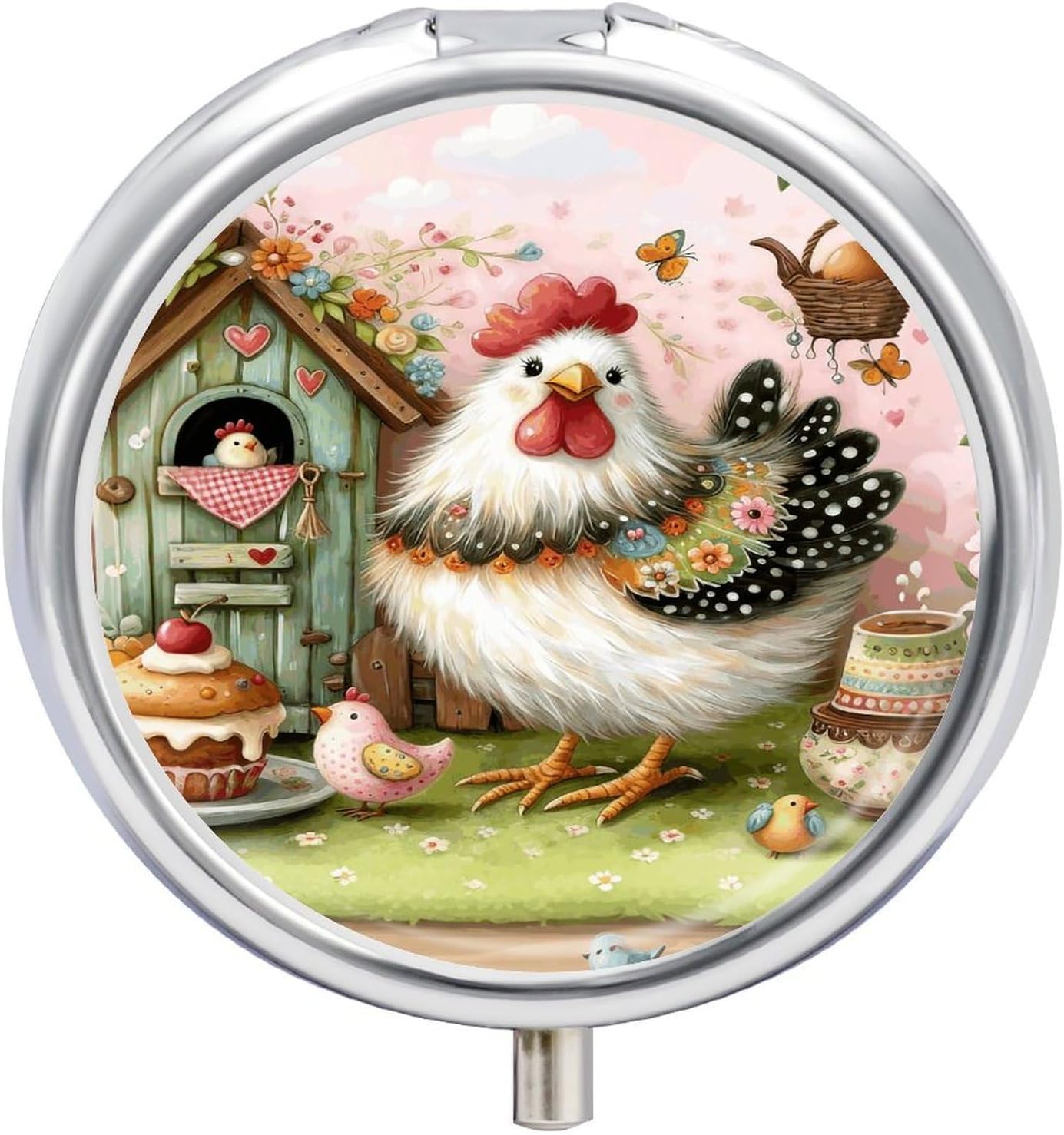 Chicken Round Pill Box with 3 Compartments & Mirror