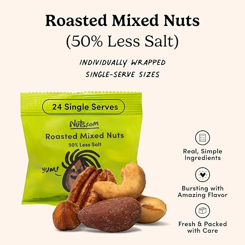 Miniatura 4 de Nuts.com Nueces mixtas tostadas (50% menos de sal)  24 paquetes de bocadillos individuales  Almendras, anacardos, nueces pecanas, nueces de Brasil,