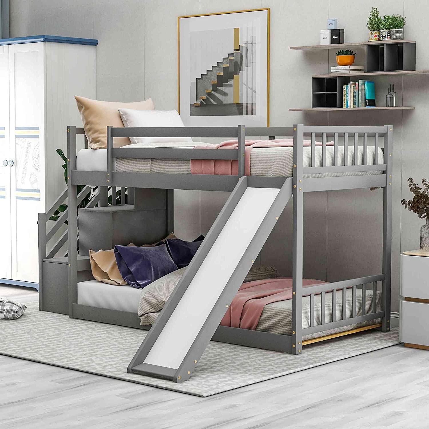 DNYN Twin Over Twin Bunk Bed with Slide & Ladder,Solid Wood Bedframe w/Safety Guardrails,Detachable,No Box Spring Required, Perfect for Kids Bedroom, 90.5×88.3×50.6", Gray