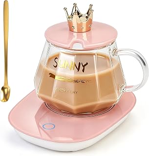 Heated Mug Set, Electric Warmer with 13oz Glass Mug, Gift Box | 13oz Glass Mug, Gift Box Packaging, Gravity Sensor Auto On/Off, Constant 55°C Temperature for Desk Coffee Tea