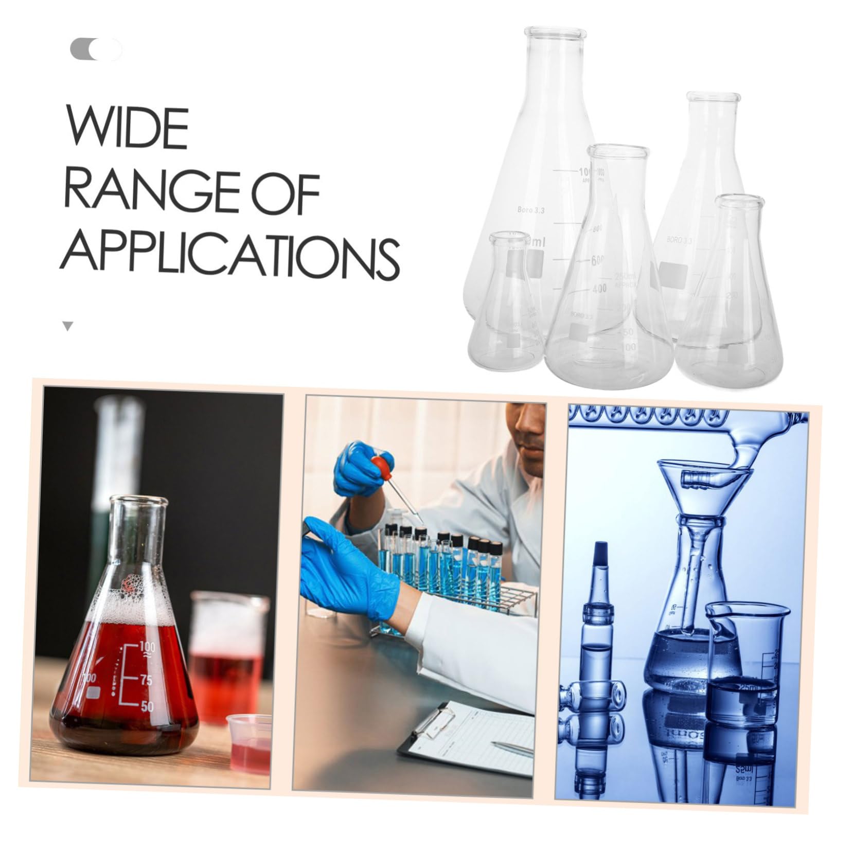 MAGICLULU Erlenmeyer Capacidad Variada 50ml a 1l Juego de 5 Matraces de Vidrio de Borosilicato Alta Resistencia Diseño Cónico Base Triangular para Laboratorio Científico