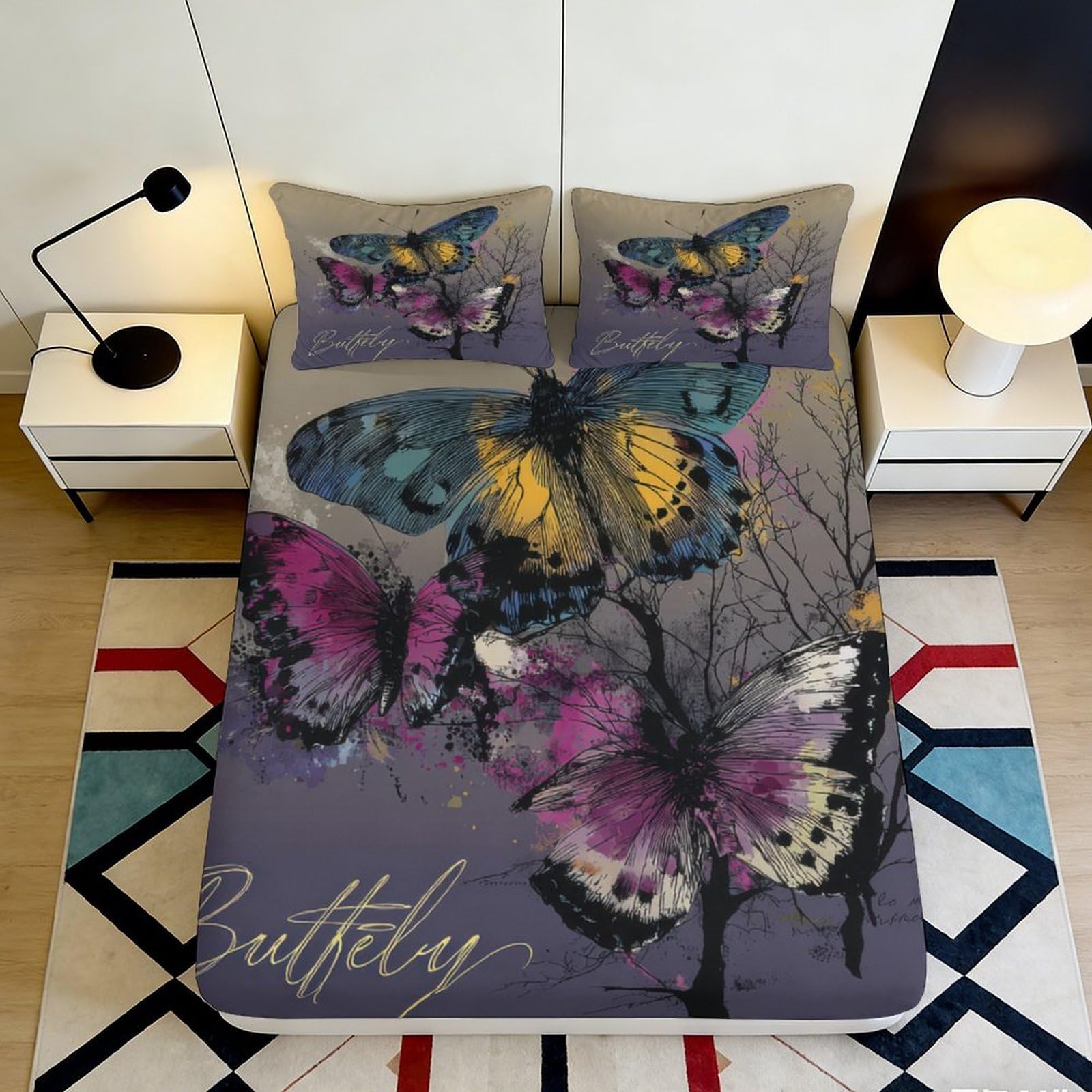 Uynsixtme Style-5 3D Printed Butterfly Fitted Sheet Microfiber Deep Pocket Bedroom Bedding Butterfly Mattress Fitted Cover Full Wrap Non-Slip Washable 140X200x25cm
