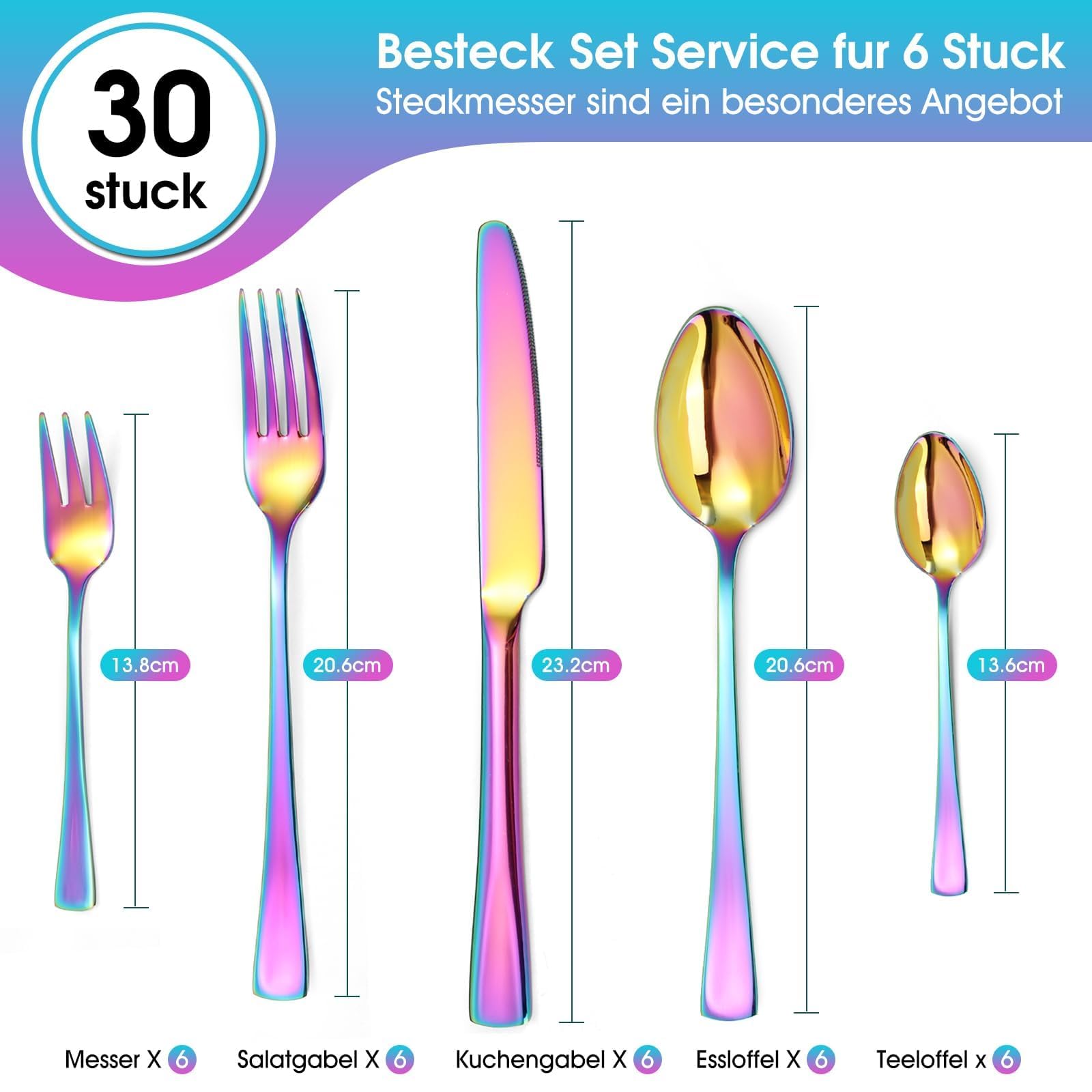 Juego de cubiertos para 6 personas, 30 piezas, multicolor, incluye cuchillo, tenedor, cuchara, cubiertos de acero inoxidable pulido con espejo, apto para lavavajillas