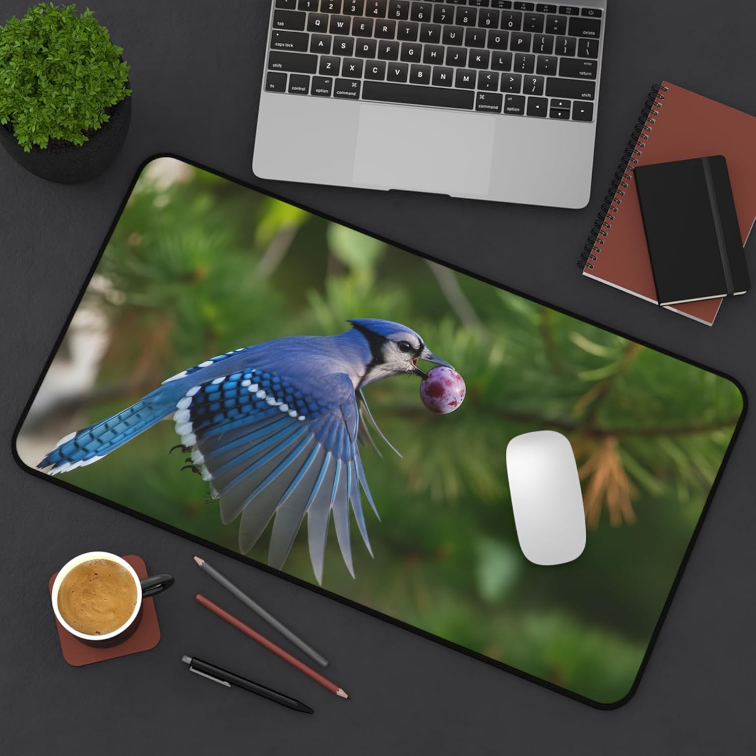 Jay Carrying a Plum in Minnesota Desk Mat - Vibrant Colors Rubber Base Smooth Surface Premium Desk Mat