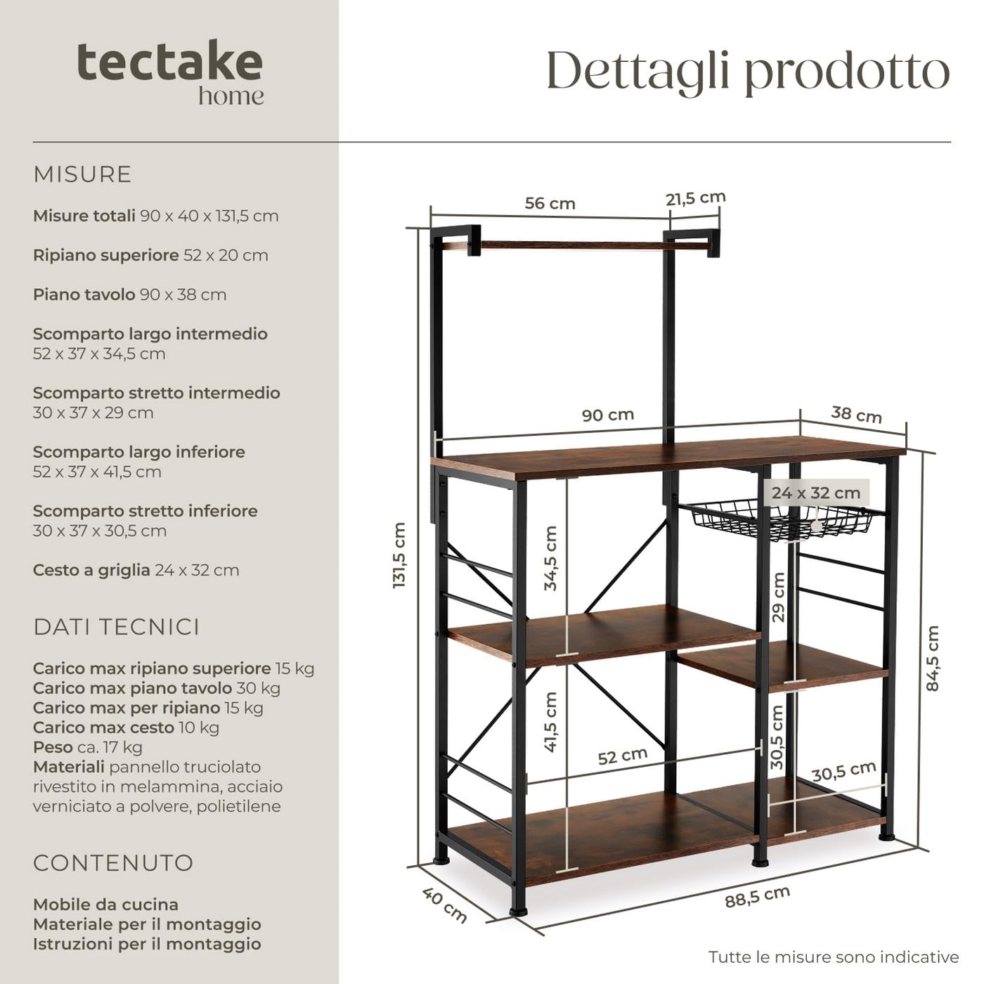 tectake® Scaffale Cucina 90x40x131,5cm, Organizer Cucina 6 Ripiani, Scaffale Portaoggetti, Ripiano d'Appoggio per Microonde e Piatti, Mobiletto Salvaspazio, Arredamento Casa - Legno Industriale Scuro