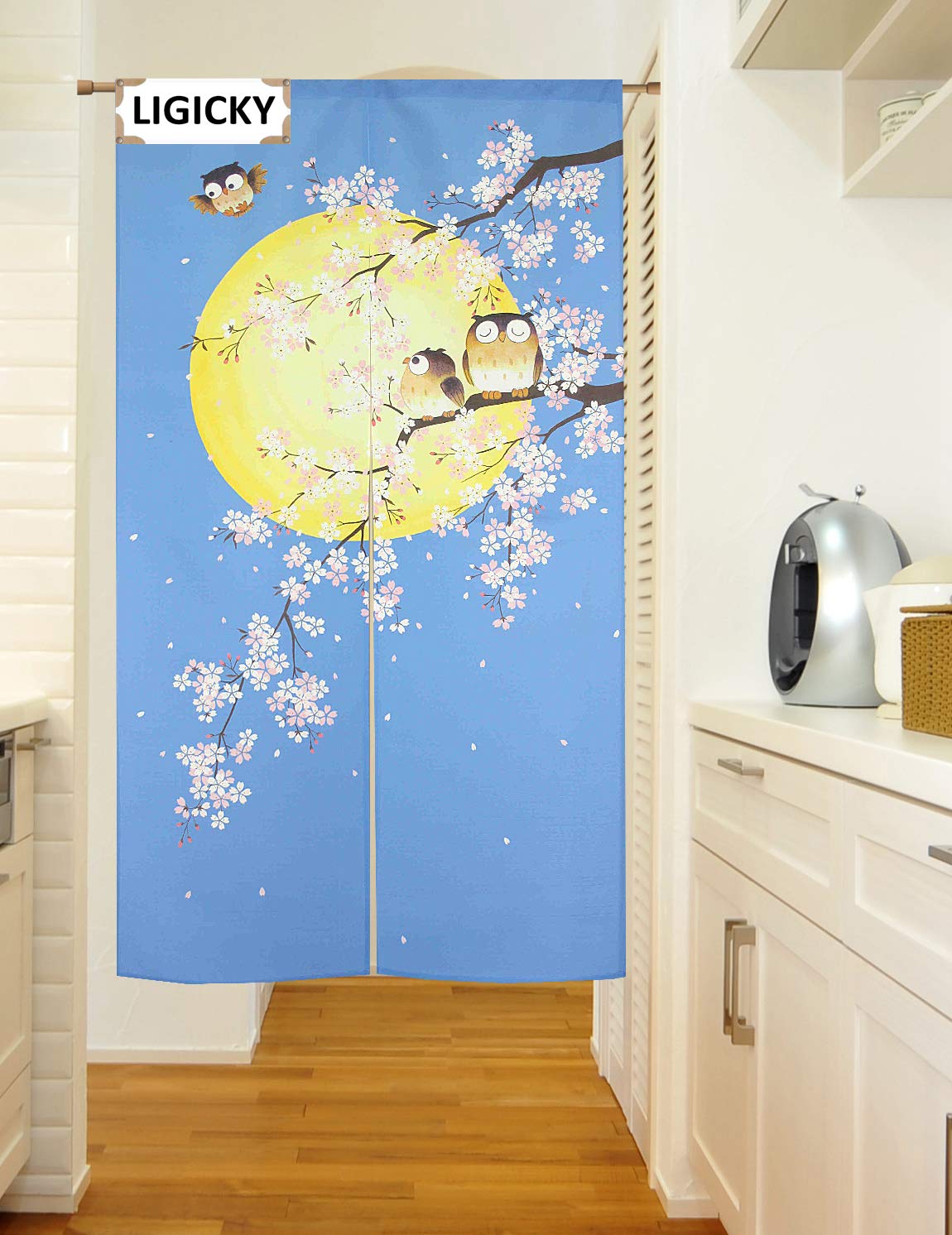 LIGICKY Noren Japoński styl zasłona na drzwi długie zasłony drzwiowe gobelin okienny do dekoracji wnętrz 85 cm x 150 cm (sowy na drzewach)
