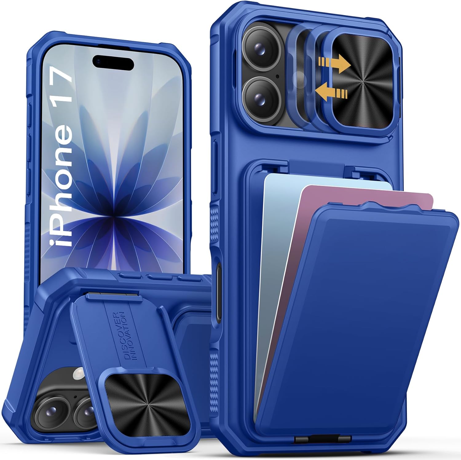 SSLOTSCASE for iPhone 17 Wallet Case with Card Holder & Kickstand & Sliding Camera Lens Cover & Camera Stand & Raised Edges Protect Camera, Hard Phone Case Cover for iPhone 17 6.3'' 2025, Royal Blue Royal Blue iPhone 17