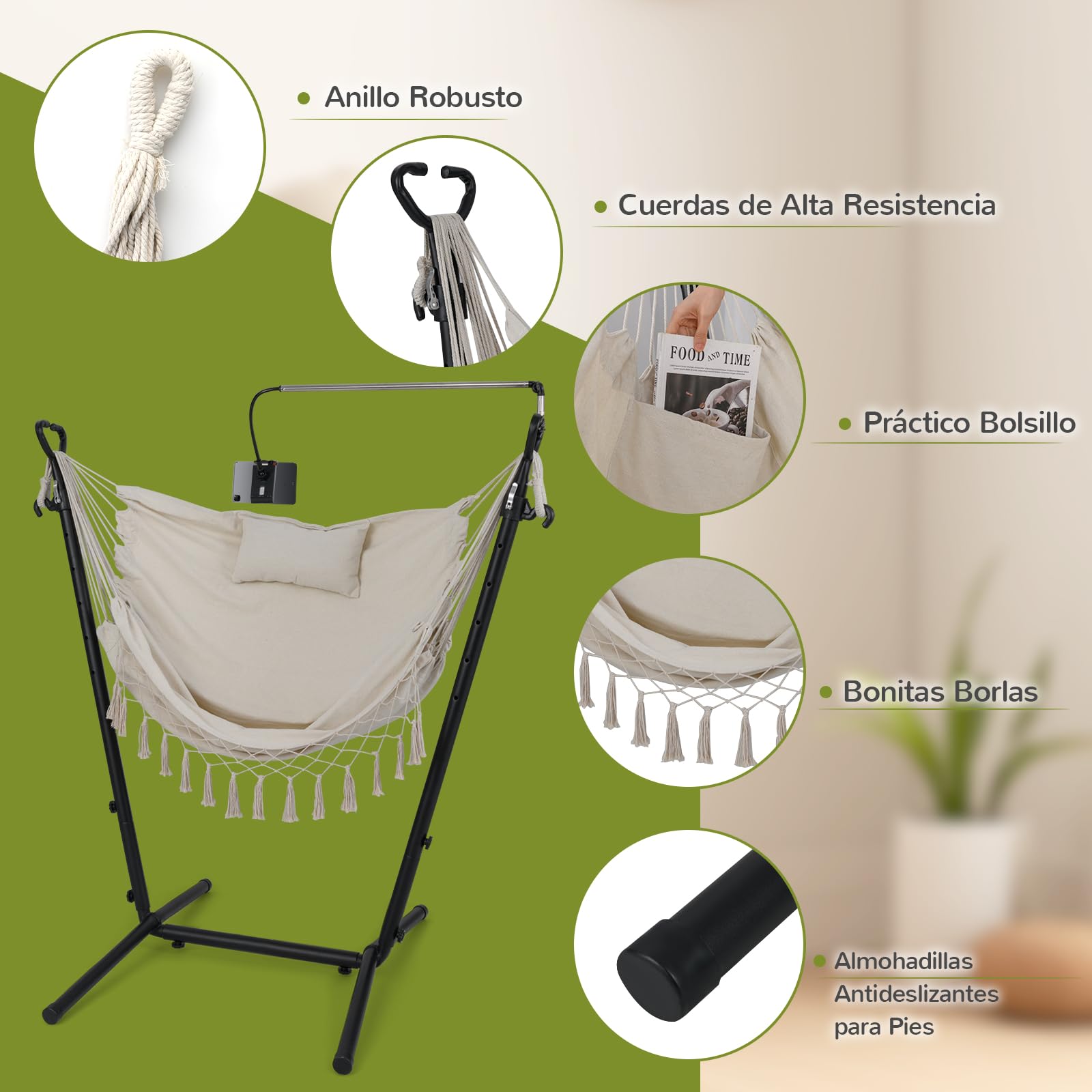 COSTWAY Silla Hamaca con Soporte, Altura Ajustale, Hamaca Jardin Exterior con armazón, Porta Teléfono, Almohada y Bolsillo Lateral, Silla Colgante Interior y Exterior, Máx. 250 KG (Beige)