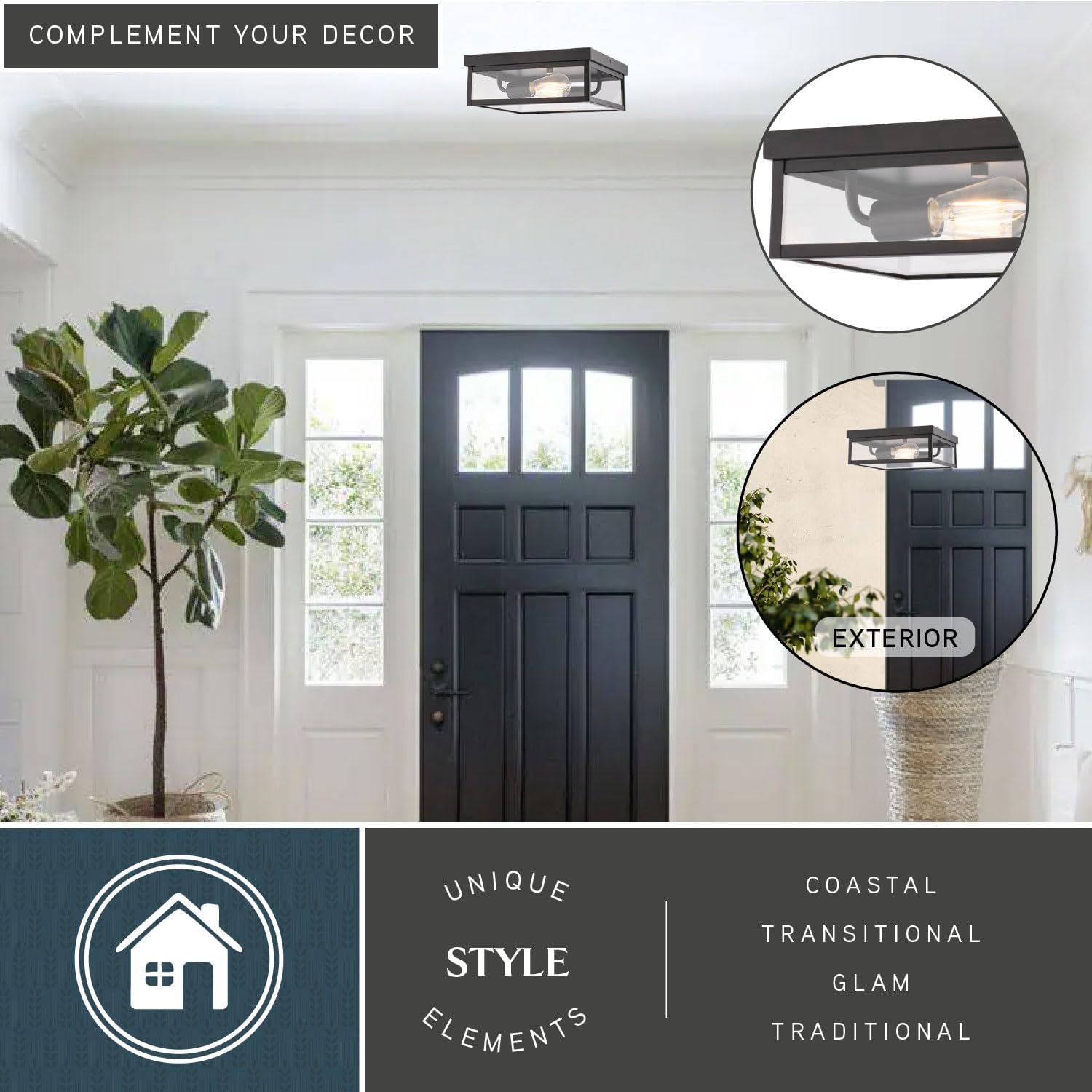 VAXCEL Clinton 12 in. W 2-Light Matte Black Transitional Outdoor Flush Mount Ceiling Light with Clear Glass Shade, LED Compatible, Made of Durable Steel for Exterior Porch Patio Front Door or Garage