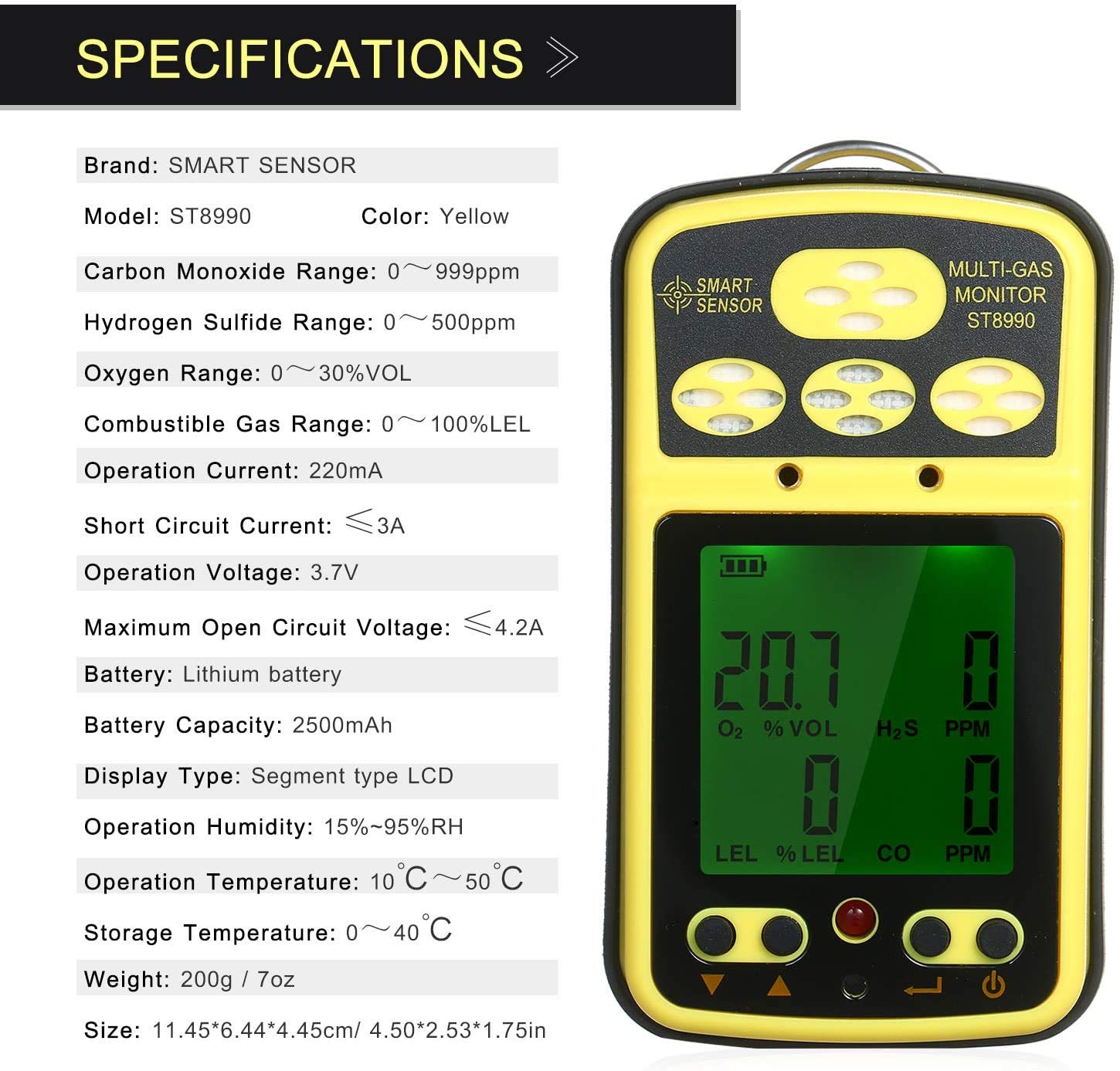 Moniteur Multi-gaz numérique Écran LCD Portable Batterie Rechargeable rétro-éclairée Alarme sonore 4 en 1 Compteur de gaz Détecteur Testeur Analyseur Commodité
