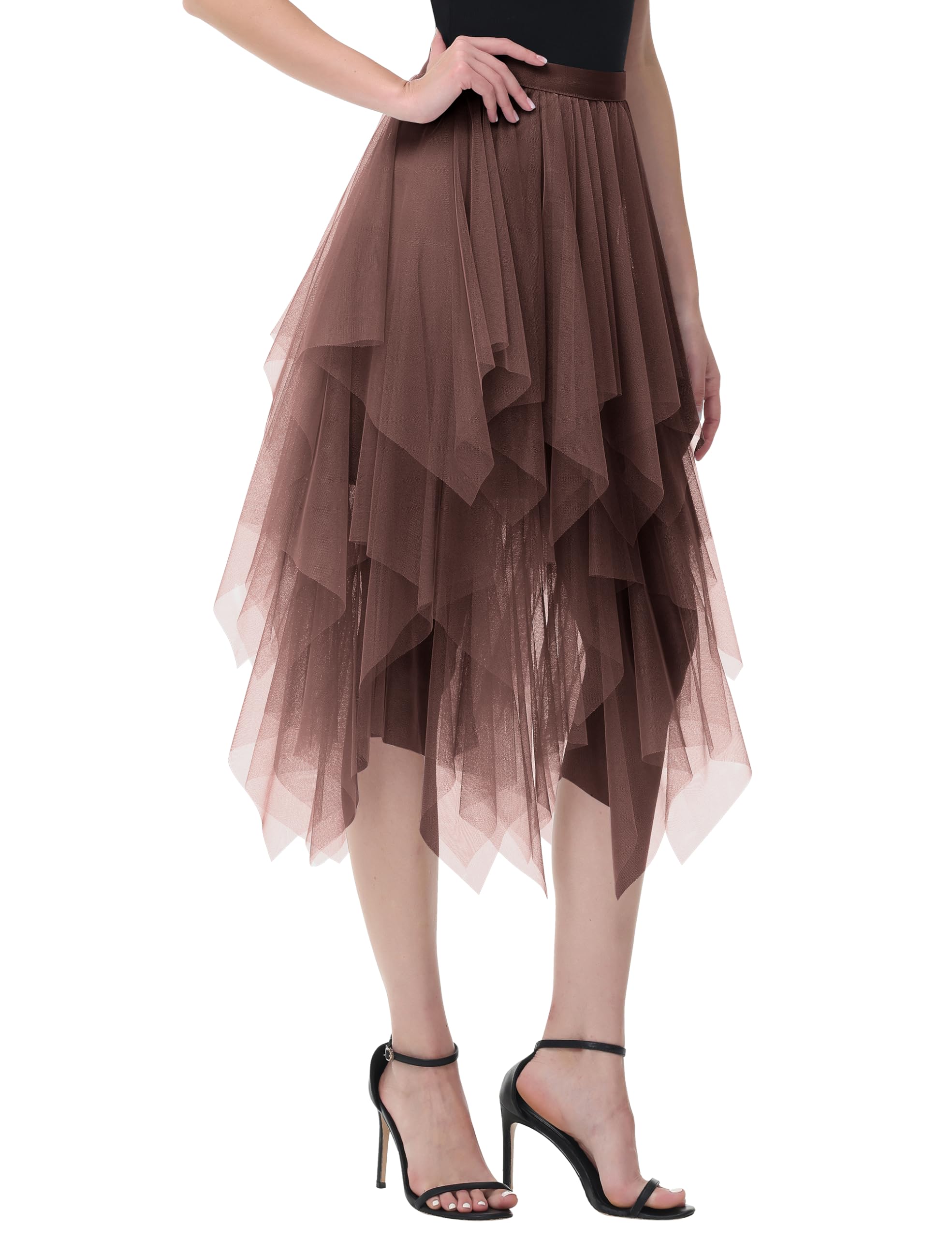 Damen Tüll Röcke High Low Layered Faltenrock Midi Rock Asymmetrisch Karnevalsrock Elegant Weich Knielang Puffy Fee Röcke