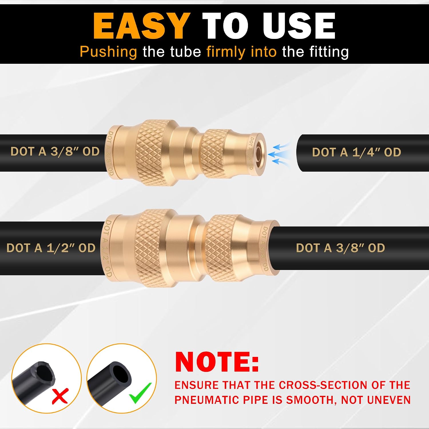 5PCS 1/4" OD x 3/8" OD Quick Push to Connect Fittings, DOT Approved Brass Union Straight Reducer Union/Coupler, Air Line Adapter Air Spring Suspension Kit for Trailers and Air Brake System