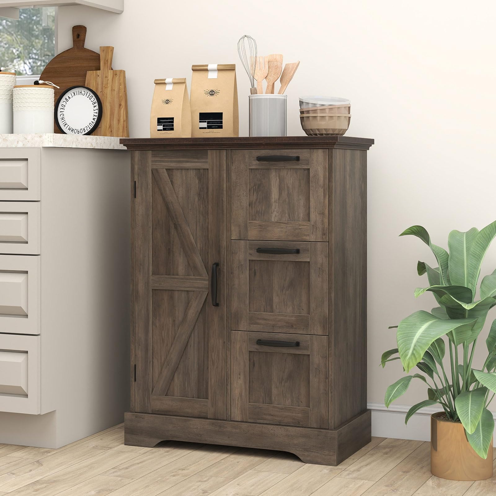 KOMFOTTEU Credenza Cucina con 3 Cassetti e Armadio con Ante, Mobile Cucina Dispensa con Kit Antiribaltamento, Mobiletto Cucina, per Soggiorno, Sala da Pranzo, 60 x 30 x 80 cm (Grigio Scuro)
