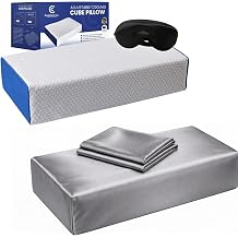 Sleep Comfort Bundle - Cube Pillow for Side Sleepers + Satin Pillow Cover + Sleep Mask | Cooling Memory Foam Cervical Pillow | Custom-Fit Silky Satin Pillowcase for Hair & Skin, Anti-Frizz
