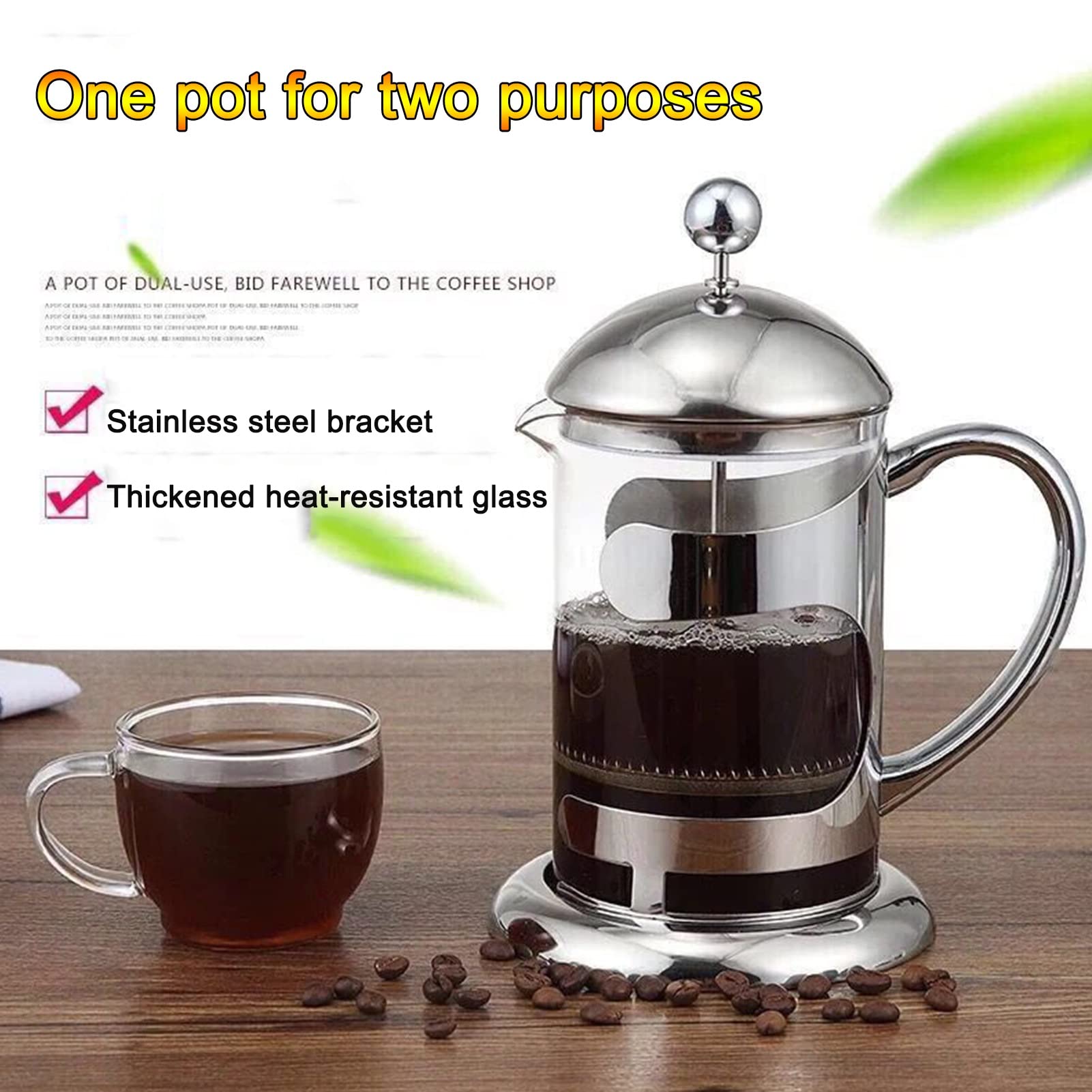 Caffettiere A Pistone, Caffettiera Francese in Acciaio Inox 304 con Sistema di Filtrazione A 3 Livelli, French Press Teiera Vetro Borosilicato, Resistente al Calore Durevole, Facile da Pulire