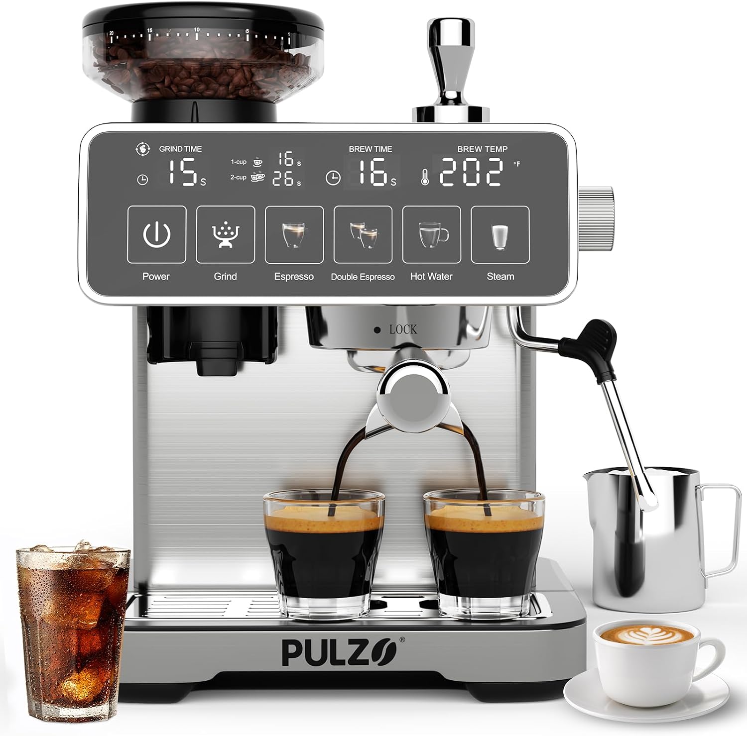 PULZO Espresso Machine with Grinder, 20 Bar, 20 Grind Setting, Touch Screen