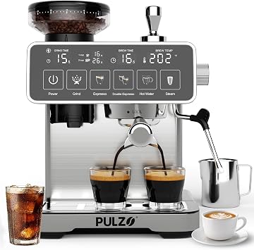 PULZO Espresso Machine with Grinder, 20 Bar, 20 Grind Setting, Touch Screen