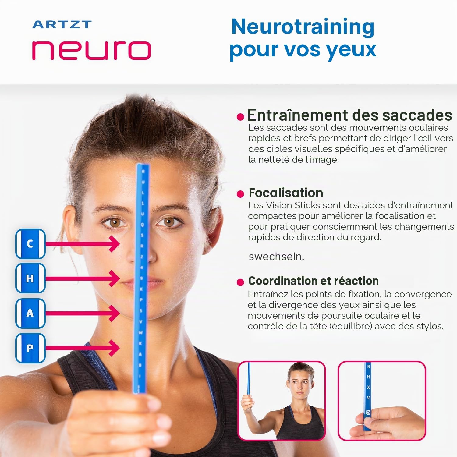 Vision Stick Lot de 4 bâtons de focalisation pour entraînement neurocentré et neuroathlétisme | Entraînement des yeux pour améliorer la concentration, la coordination et la perception