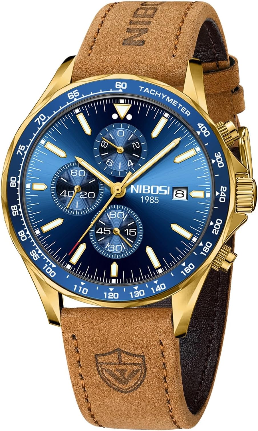 NIBOSIChronograph Quartz Premium Wrist Watches for Men, Vintage Golden Formal Leather Menโs Watch with Date and Luminous Function Gift for Men