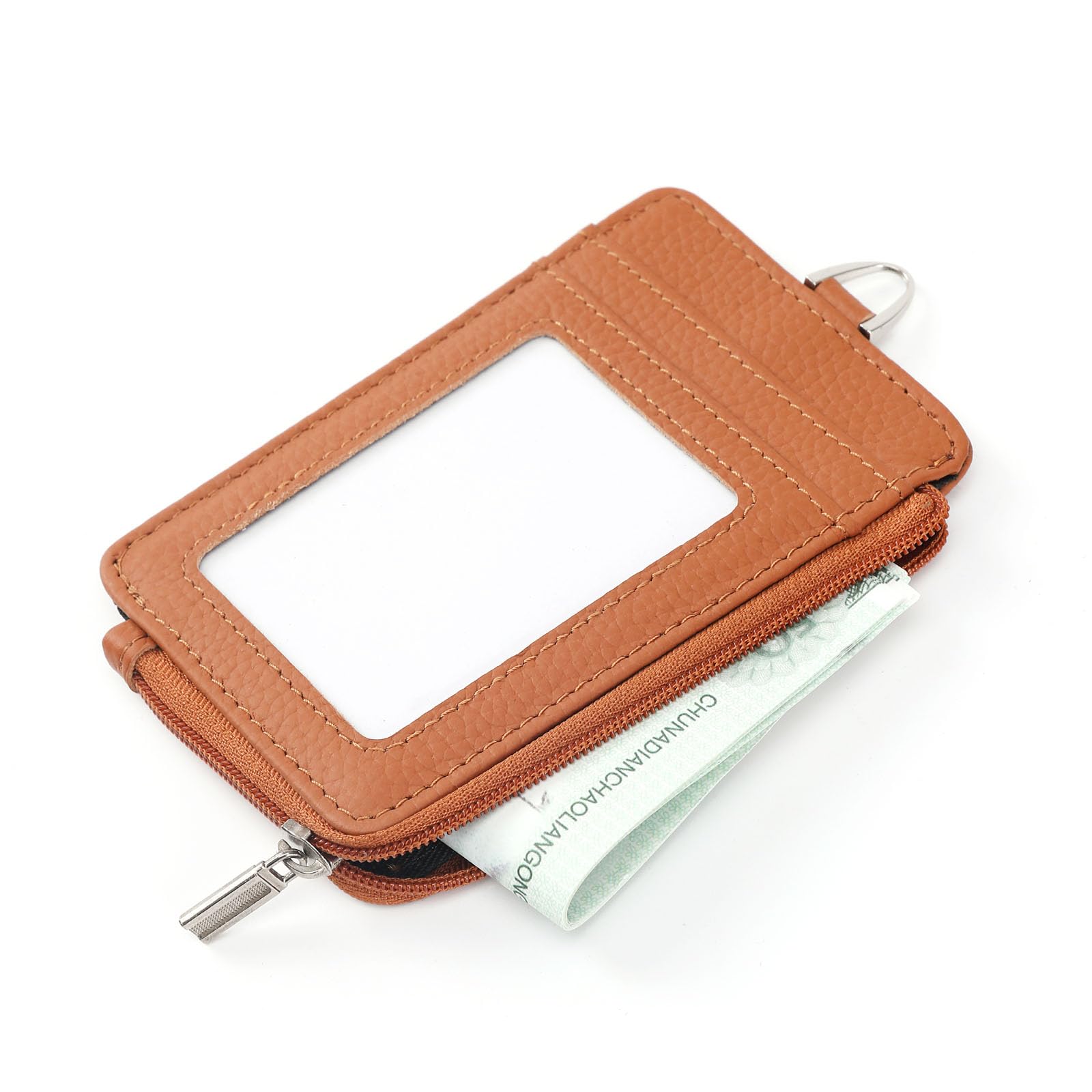 Retractable ID Badge Holder With Lanyard - Vertical PU Leather 2 Card Slots (Beige)