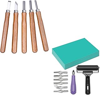 5+7 Pack Linocut Wood Carving Tools & Linocut Block Printing Kit – Includes 5 Soft 4" x 6" Linoleum Blocks and Lino Cutting Tools with 6 Blades Universal Size, 4’’ Brayer Roller, Complete Rubber