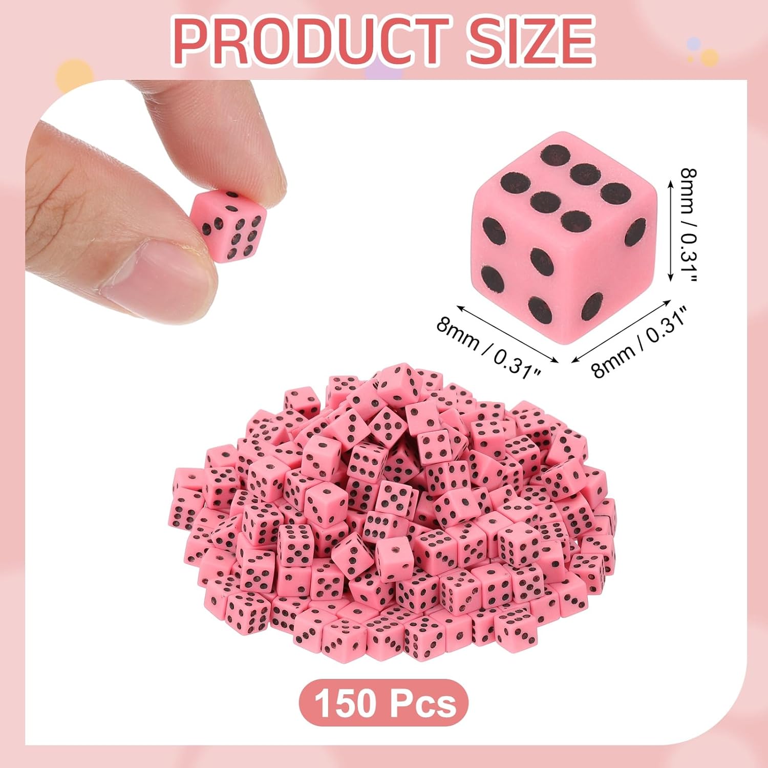 uxcell 150Pcs Mini Dice, 8mm/0.31" Acrylic Tiny Six Side Game Dot Square Dice Bulk for Table Board Game Party Activities, Pink/Black