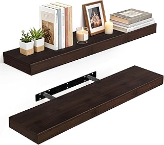 BAMEOS Solid Bamboo Floating Shelves, Set of 2 with Invisible Brackets, ...