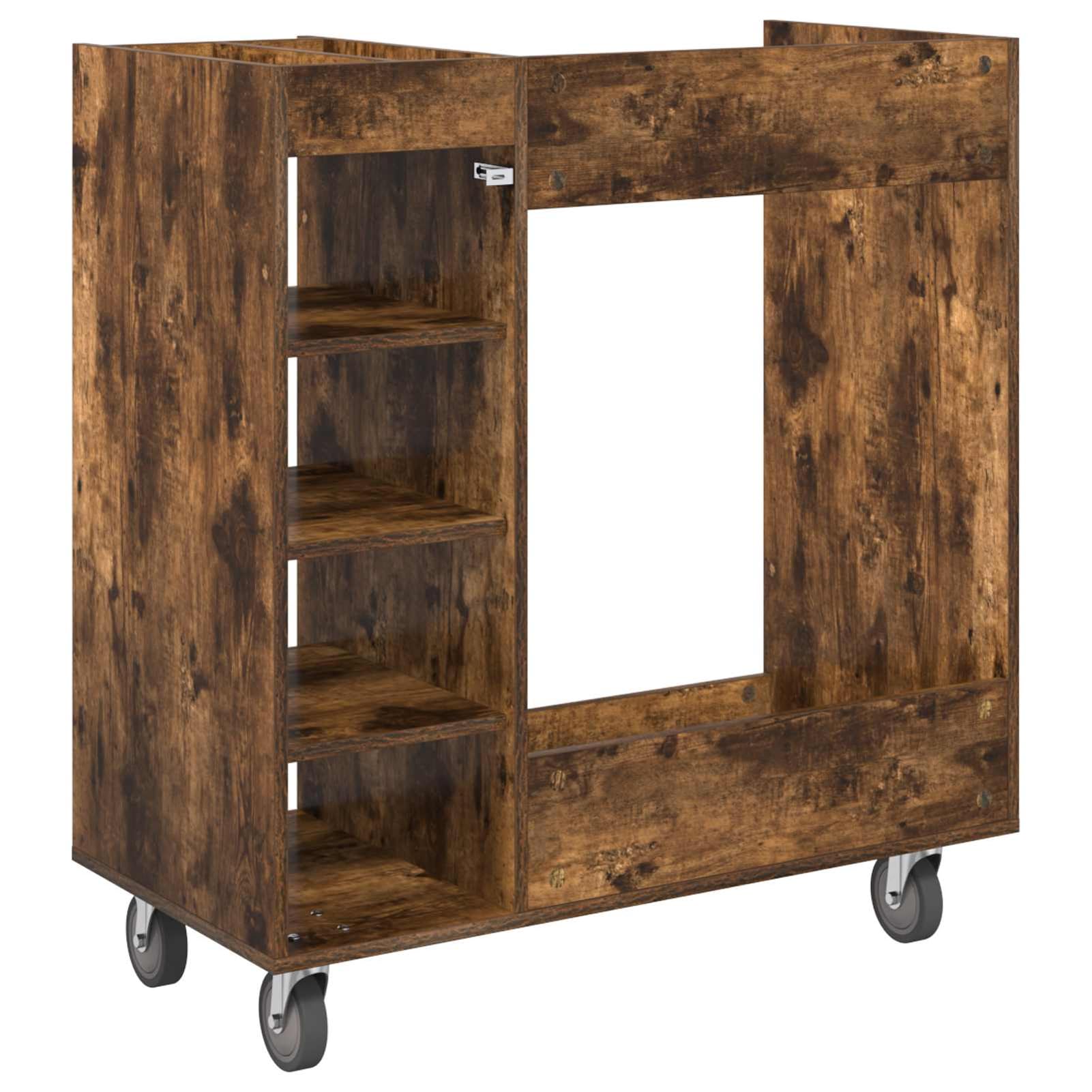 Gecheer Golfschrank mit Rädern, Aufbewahrungsschrank für Golfzubehör, 90 x 45 x 98 cm, Holz in geräucherter Eiche, freistehende Regale mit Metallrückwand für Garage oder Wohnraum