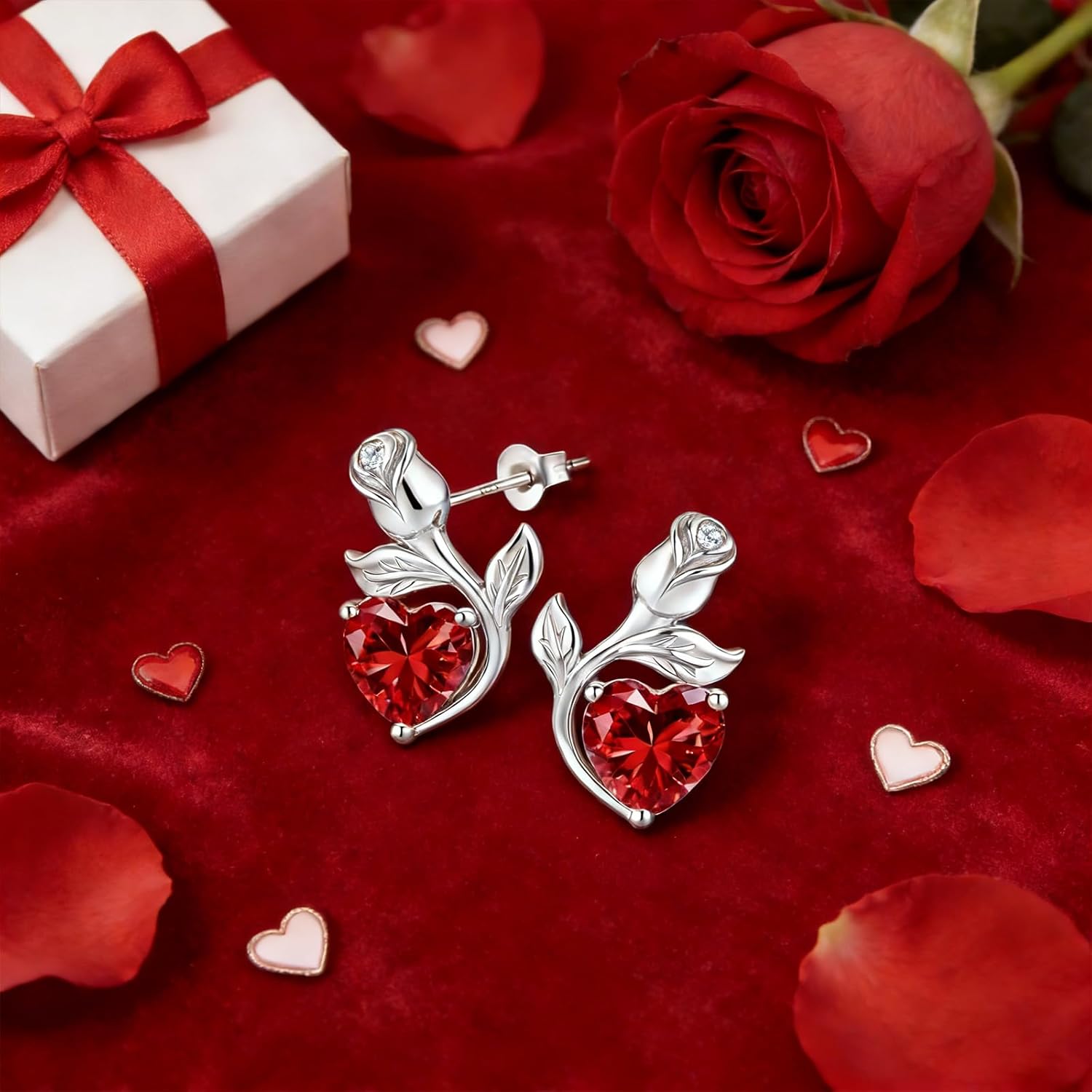 JACUPO Rose Heart Necklace and Earrings Set Moissanite/Lab-Grown Sapphire/Ruby Options S925 Sterling Silver 18K White Gold Plated Engraved "I LOVE YOU" Perfect Engagement Gift for Girlfriend Wife(Necklace 1.2CT / Earrings 0.8CT) - Image 4