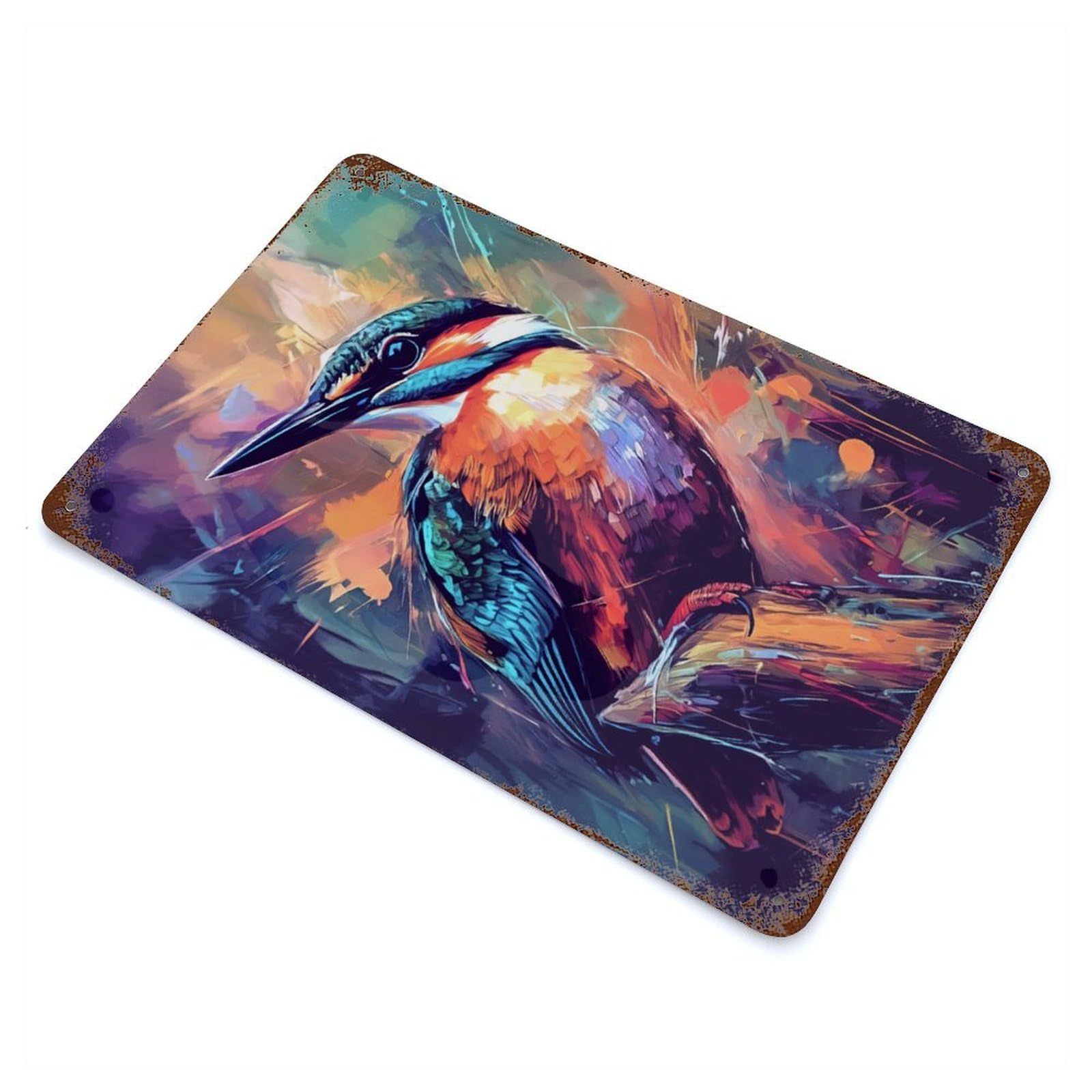 Colorful Kingfisher Painting Rustic Tin Plaque 11.8"x7.9", Ideal for Shed, Workshop And Garage Wall Decor