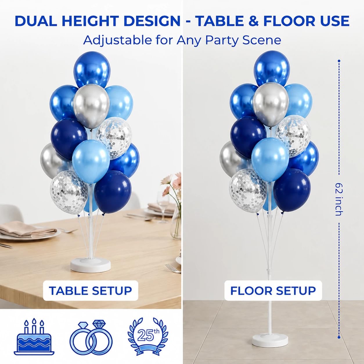 Juego de 2 soportes para globos, soporte de columna para globos con confeti dorado azul marino metálico plateado y azul mezclado para cumpleaños, boda, baby shower, graduación, decoración de fiesta de