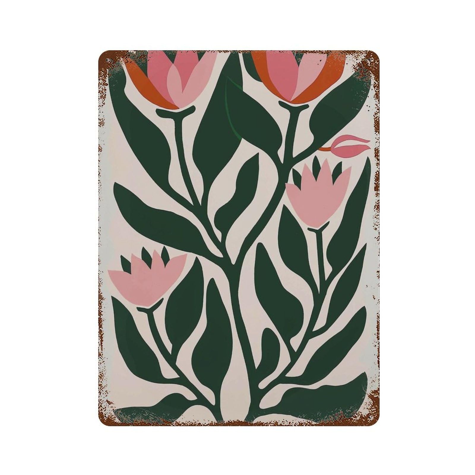 xiaoxiaoshen Scandinavian Floral Modern Tulip Folk Botanical Pink Flower Plant Minimal Wall Decor Art Metal Tin Poster Modern Home Decor Art Home Bar Shop Decorations Vintage Sign 40x30cm