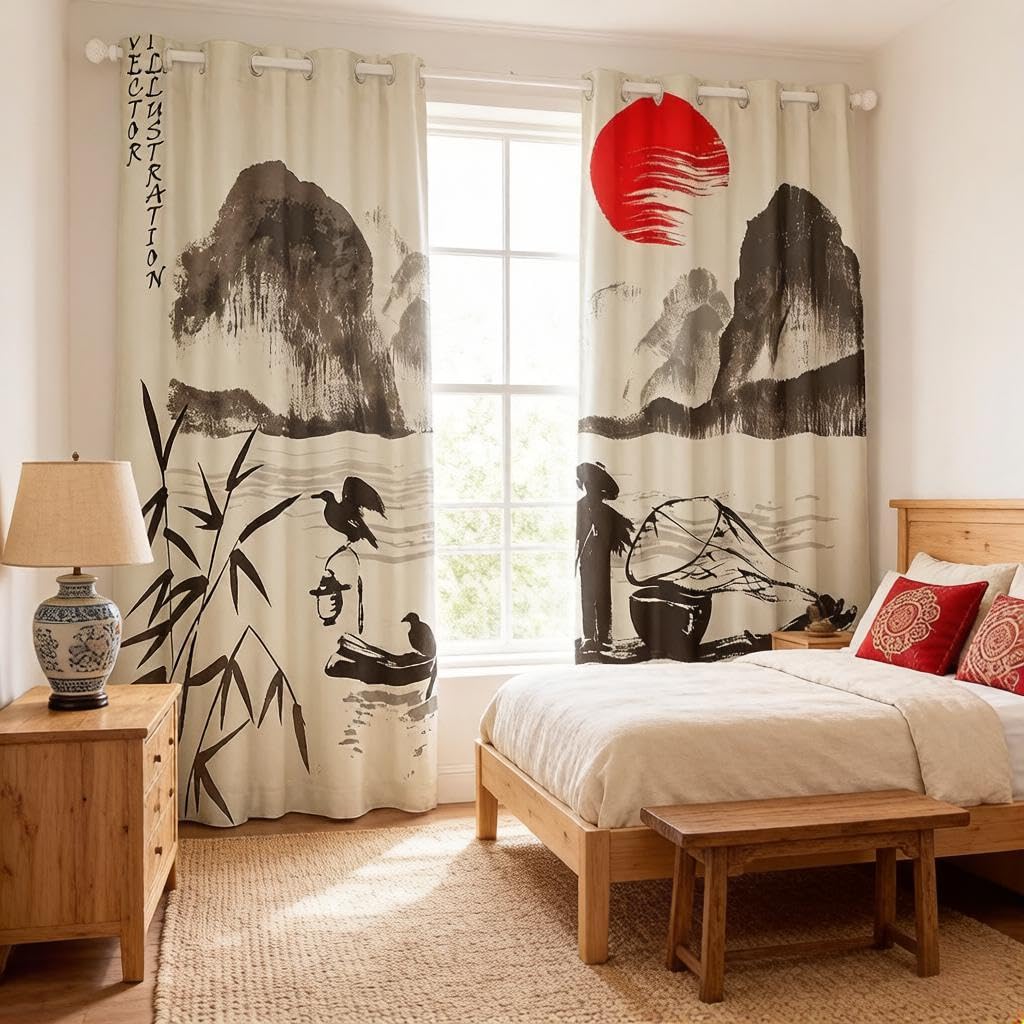 Loussiesd Chinese Style Curtains Cormorant Fisherman Bamboo Window Curtains for Bedroom Living Room Kids Boys Guilin Scenery Window Drapes Ink Vintage Window Treatments,W52*L63