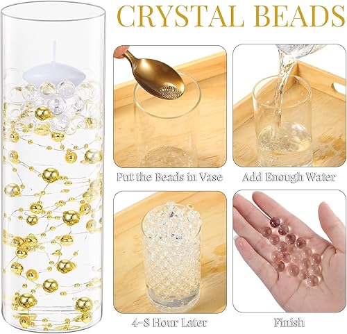 Miniatura 4 de 3 piezas de jarrón cilíndrico de cristal con 6 velas de disco flotantes blancas 10000 cuentas de gel de llenado de jarrón de agua 5 cuentas largas