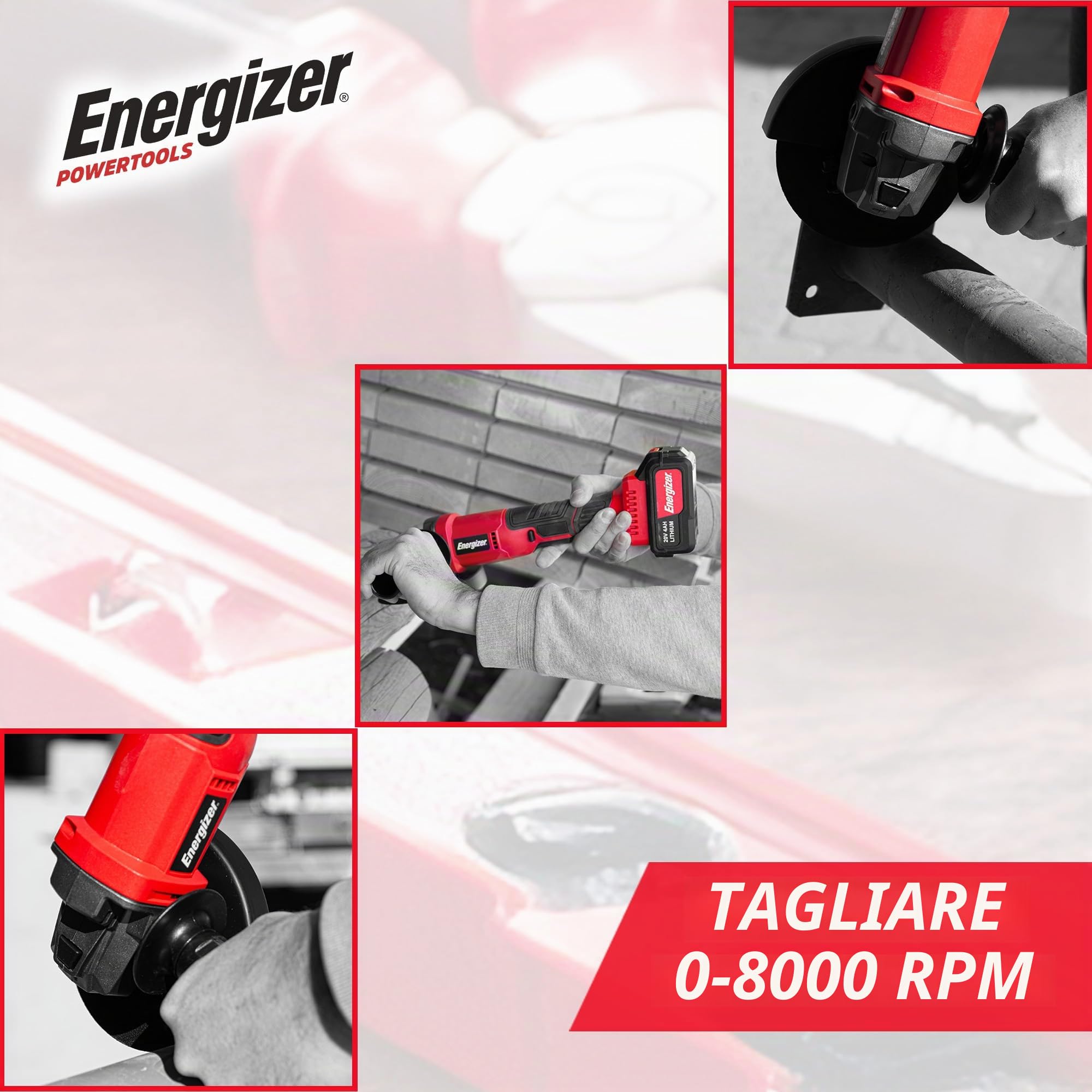 Energizer Smerigliatrice angolare senza fili 20 V – 8000 RPM, disco 125 mm, alloggiamento di protezione, interruttore di sicurezza, batteria 20 V e caricatore inclusi
