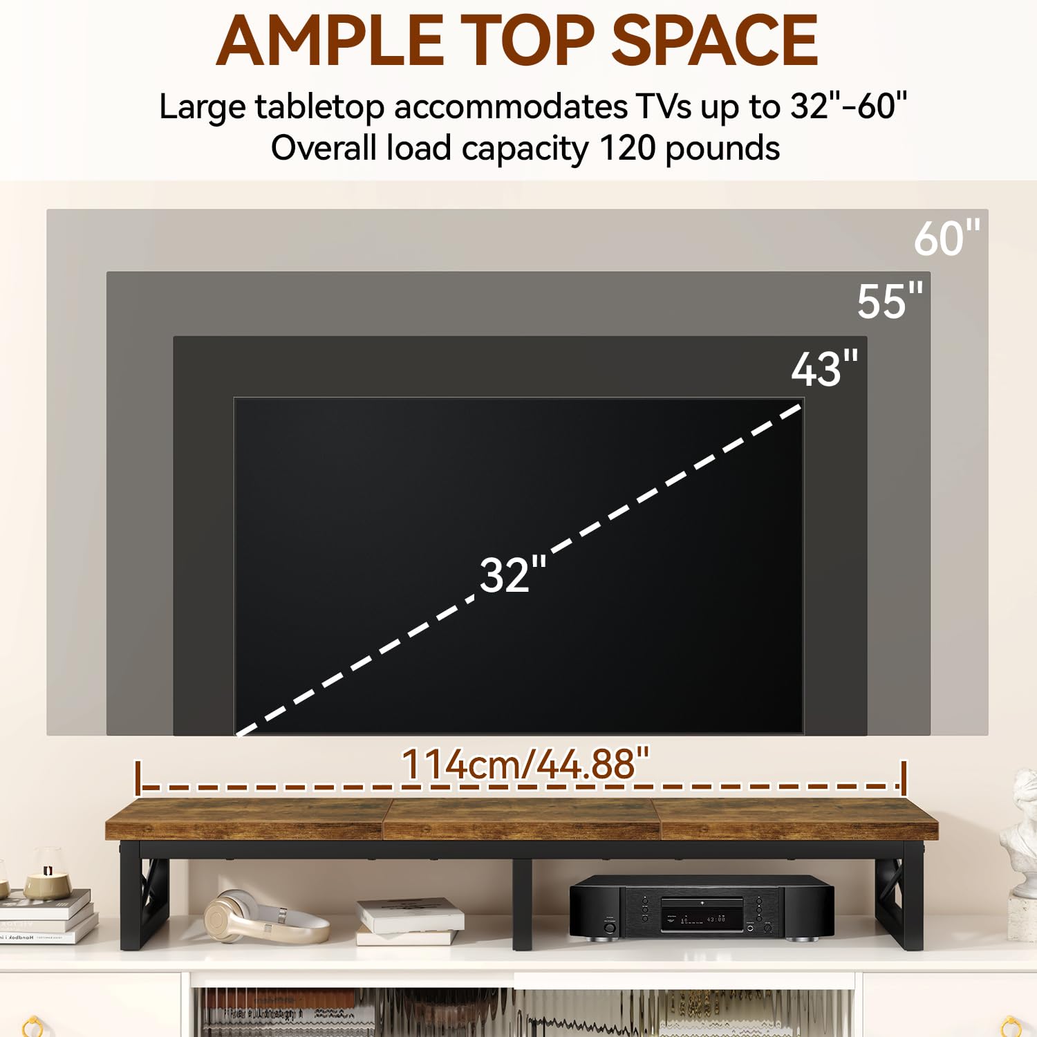 IBUYKE Meuble TV pour Télévision jusqu'à 60 Pouces,Support TV Court de Table,Support Télé avec 2 étagères Banc,Bureau Double écran,Salon, Chambre, Cadre en Acier,Brun Rustique TVT002H