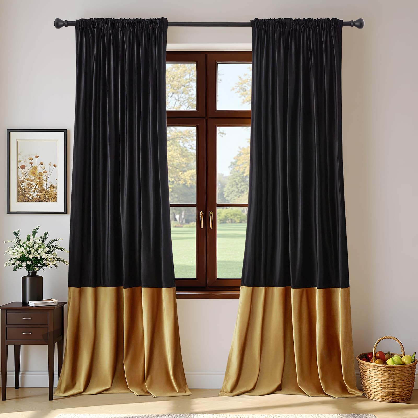 Velvet Curtains 90 inches Long for Living Room Blak Gold,2 Panels Blackout Curtains Modern Color Block Back Tab Rod Pocket Soundproof Drapes for