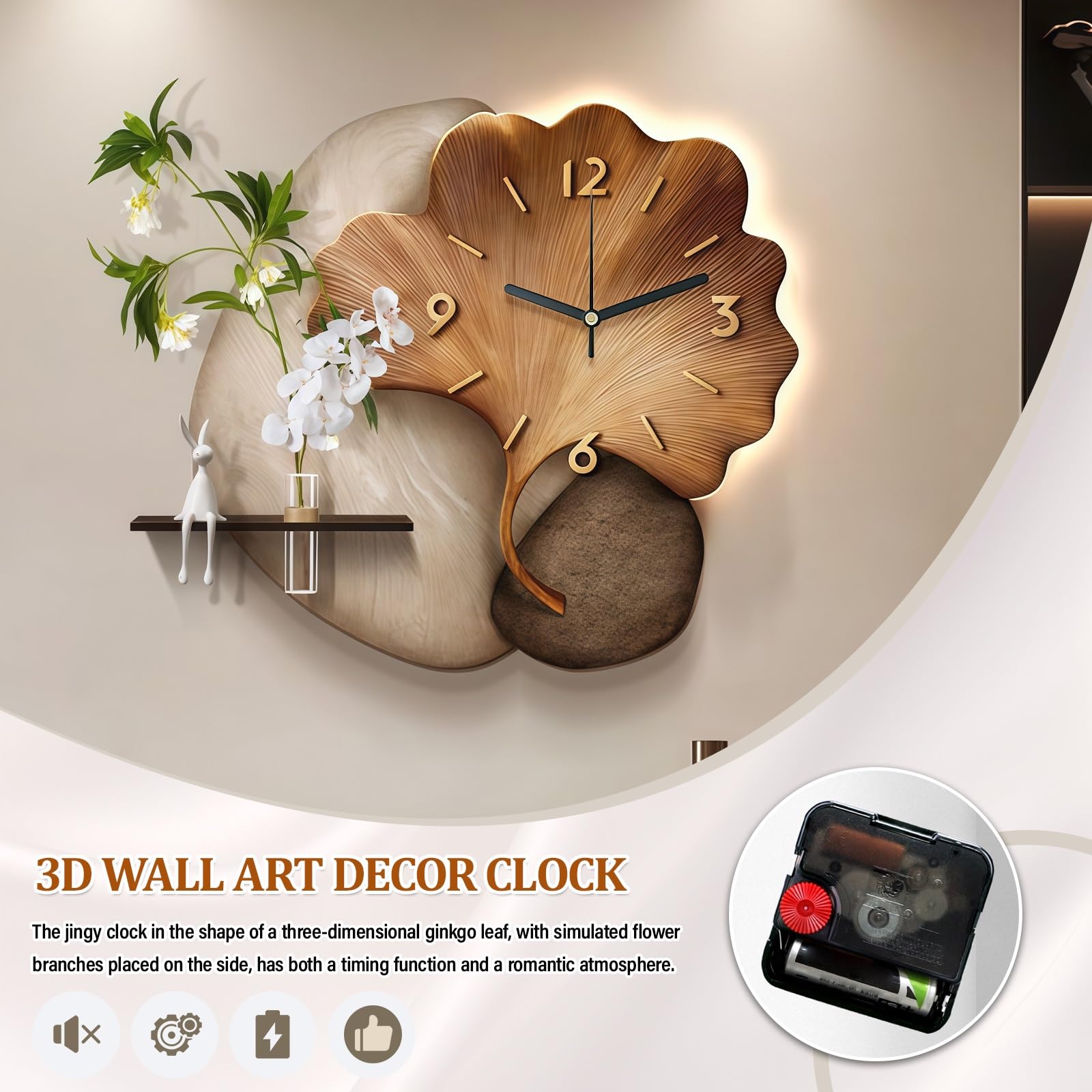 Orologio Da Parete Decorativo 3D Con Luce LED, Moderno Decorazioni Da Parete Con Vaso In Vetro, Orologio Murale Silenzioso Al Quarzo A Forma Di Foglia Di Ginkgo Per Casa, Soggiorno Camera Ufficio