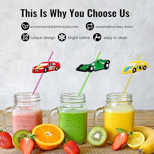 Miniatura 5 de 24 regalos de fiesta de coches de carreras, popotes reutilizables para niños, ruedas de carreras para decoración de cumpleaños, dos suministros de