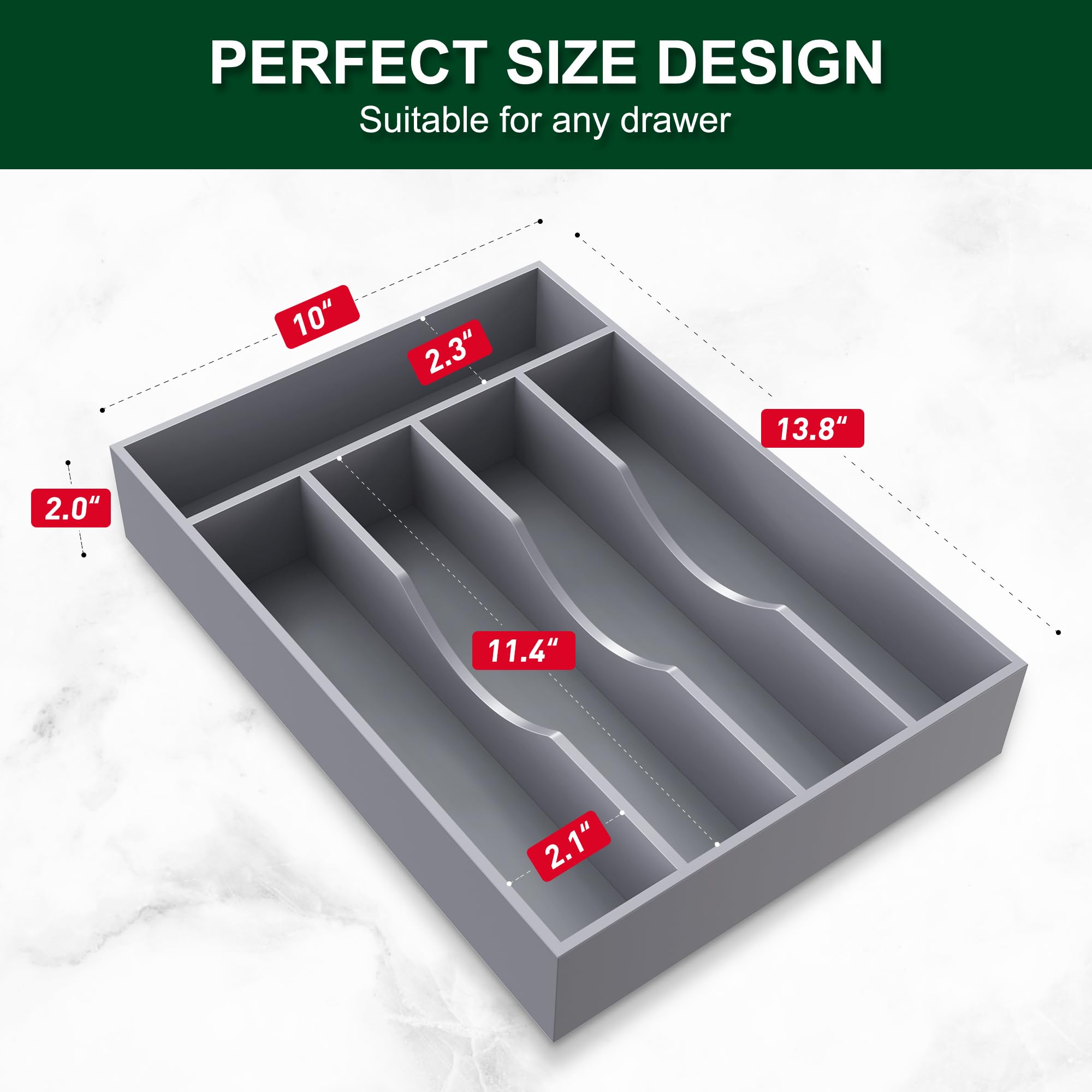 Bellsal Szary organizer na przybory kuchenne, 25 cm, taca na sztućce do szuflady, organizer na sztućce, organizer do szuflady kuchennej, 5 przegródek, mały, wąski, bambusowy