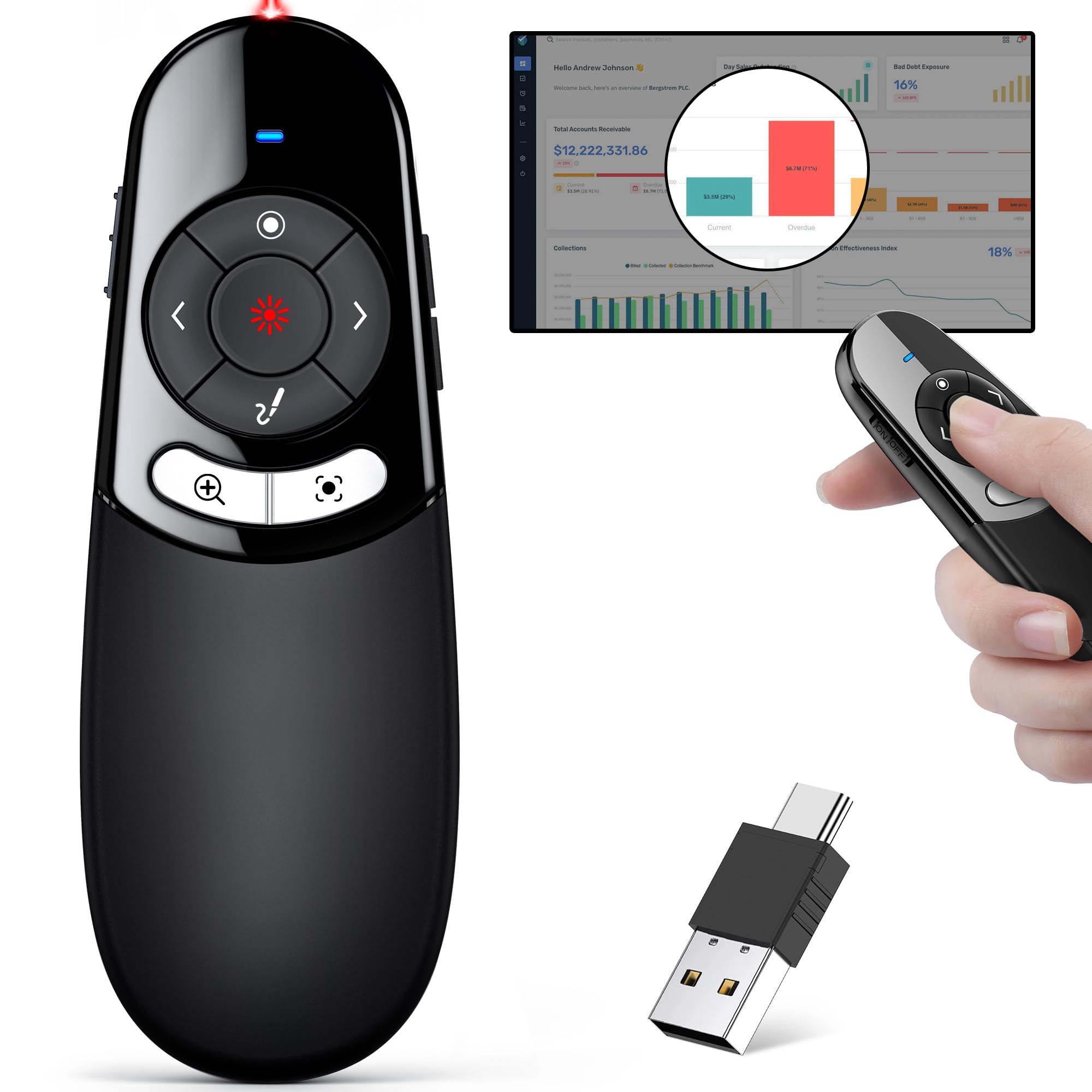 2 w 1 typu C USB Presentation Clicker z funkcją fizyczną i cyfrową, RF 2,4 GHz bezprzewodowy pilot PowerPoint Clicker do prezentacji komputerowych, Slide Advancer do laptopa Mac